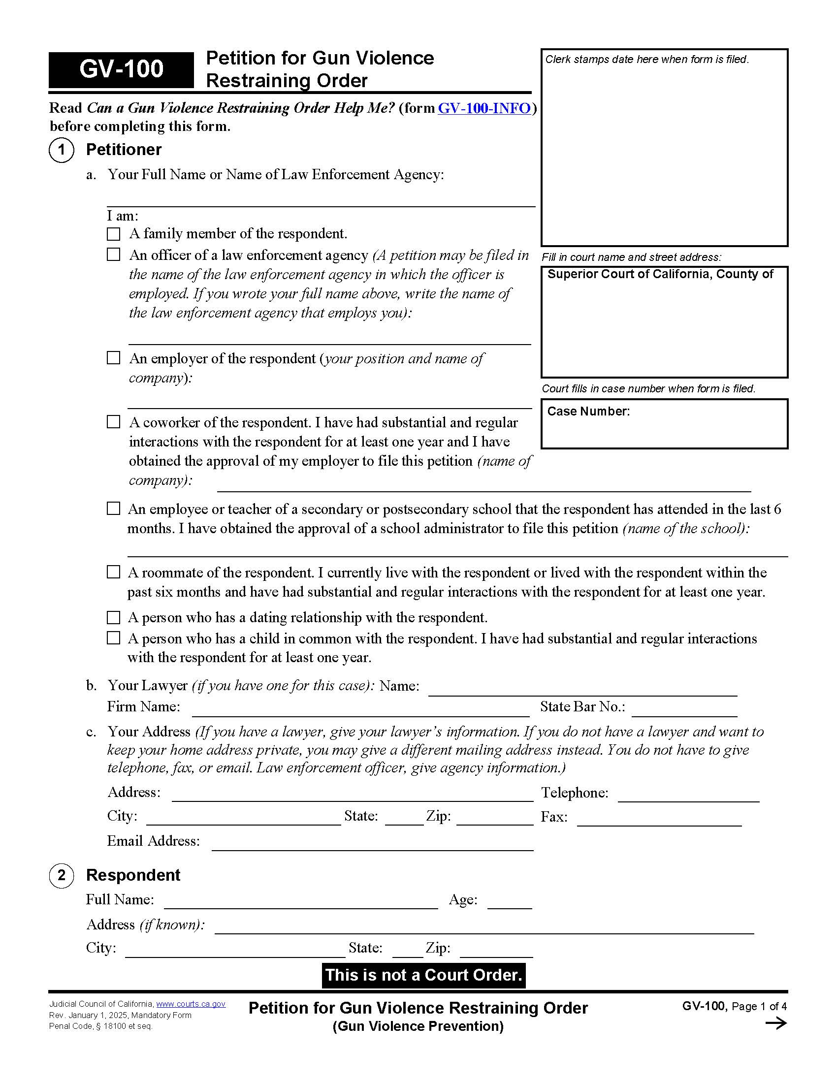 Petition For Gun Violence Restraining Order {GV-100} | Pdf Fpdf Docx | California