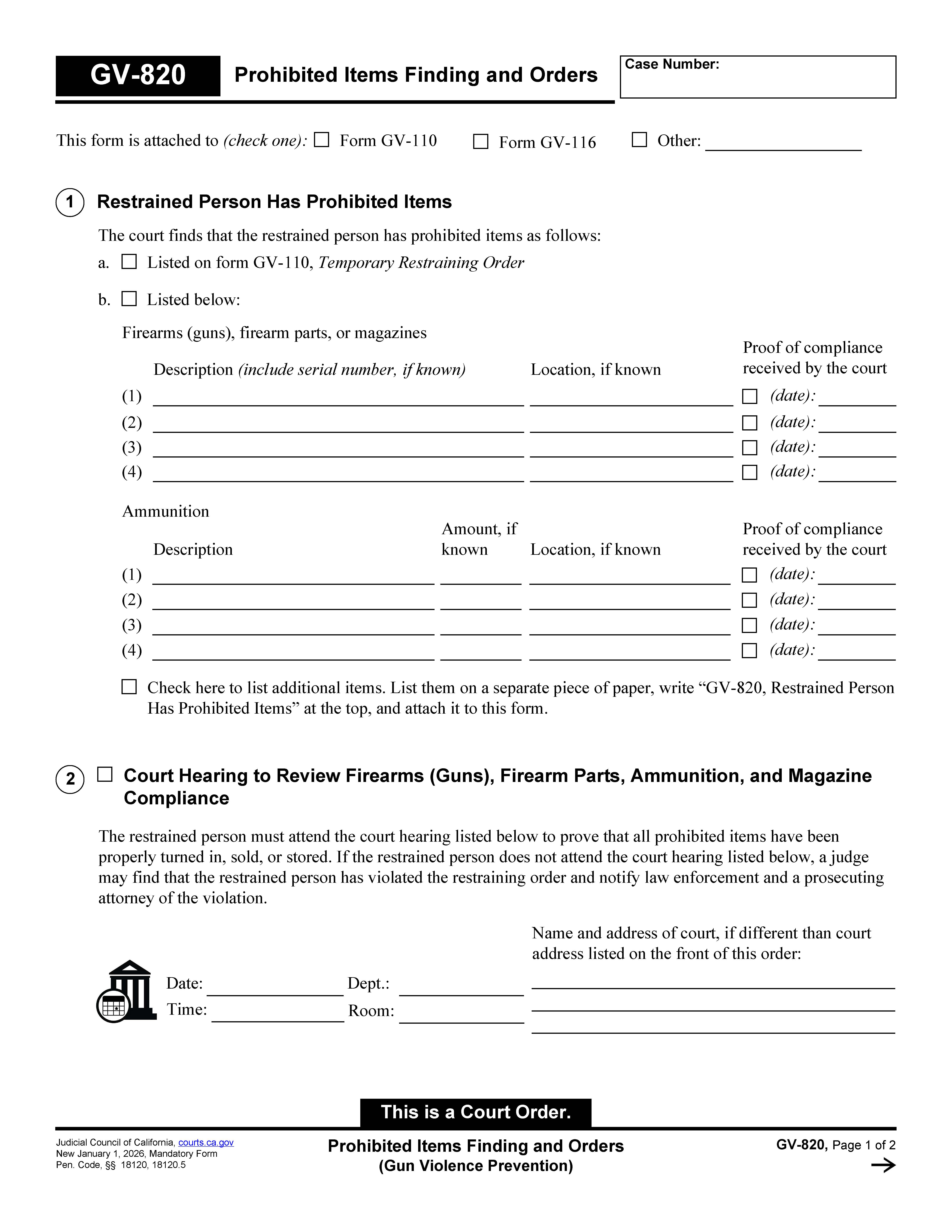 Prohibited Items Finding And Orders (Gun Violence Prevention) {GV-820} | Pdf Fpdf Docx | California
