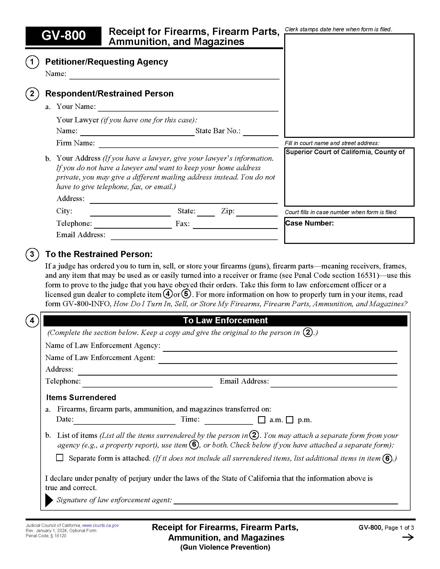 Receipt For Firearms Firearm Parts Ammunition And Magazines {GV-800} | Pdf Fpdf Docx | California