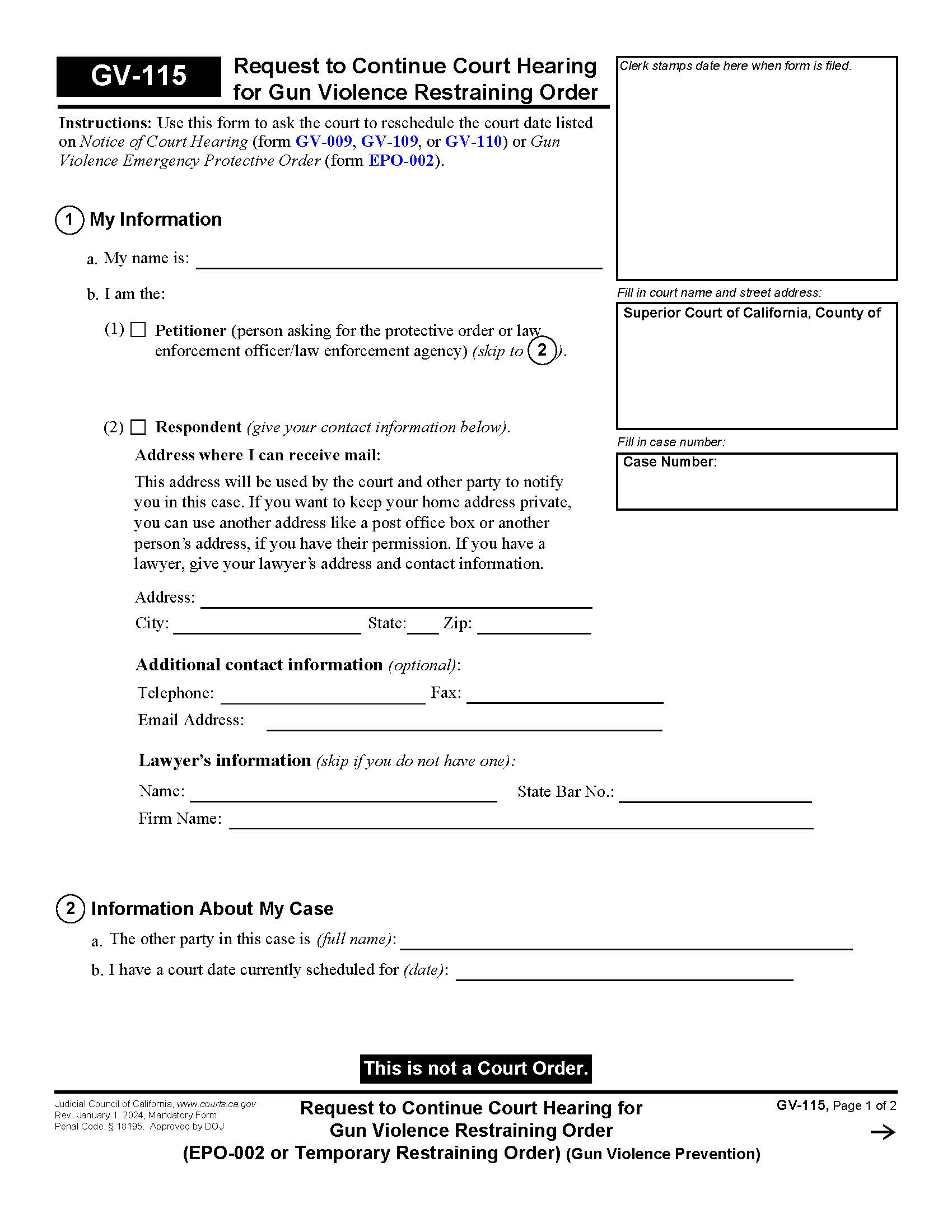 Request To Continue Court Hearing For Gun Violence Restraining Order {GV-115} | Pdf Fpdf Docx | California
