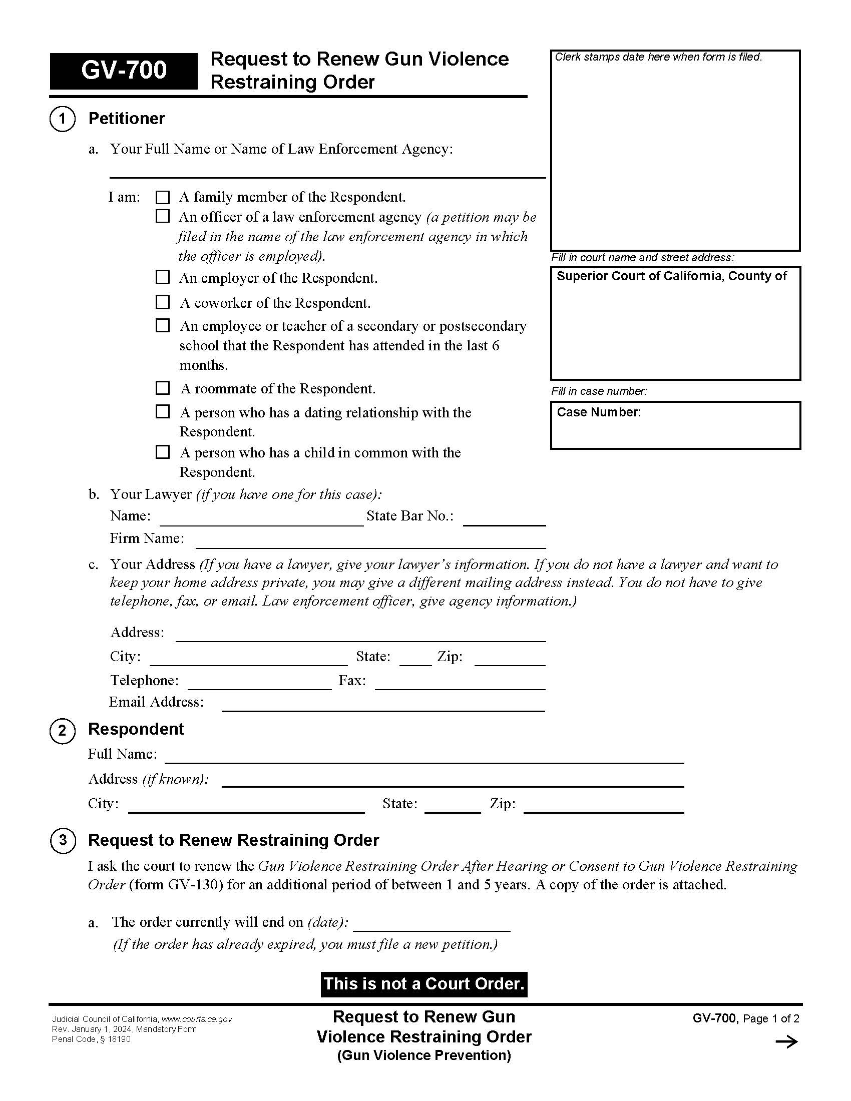 Request To Renew Gun Violence Restraining Order {GV-700} | Pdf Fpdf Docx | California
