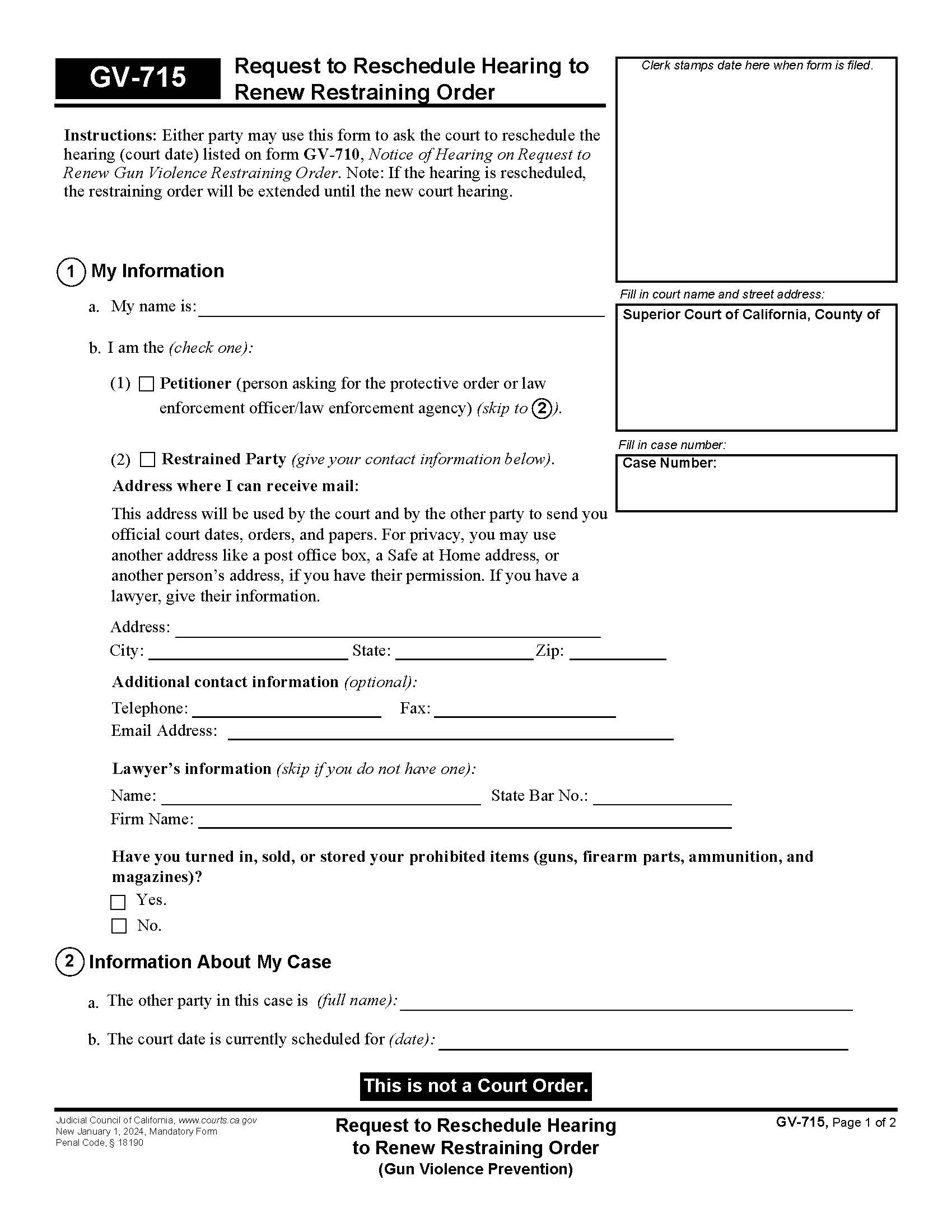Request To Reschedule Hearing To Renew Restraining Order {GV-715} | Pdf Fpdf Docx | California