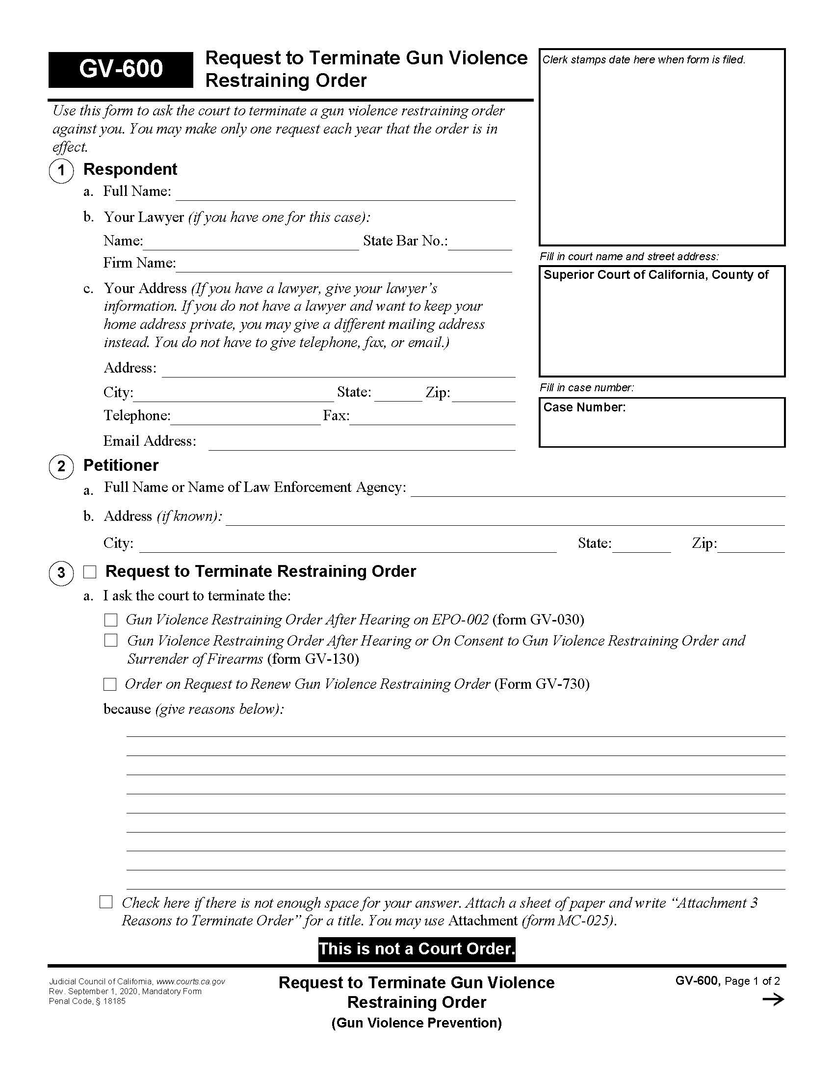 Request To Terminate Gun Violence Restraining Order {GV-600} | Pdf Fpdf Docx | California
