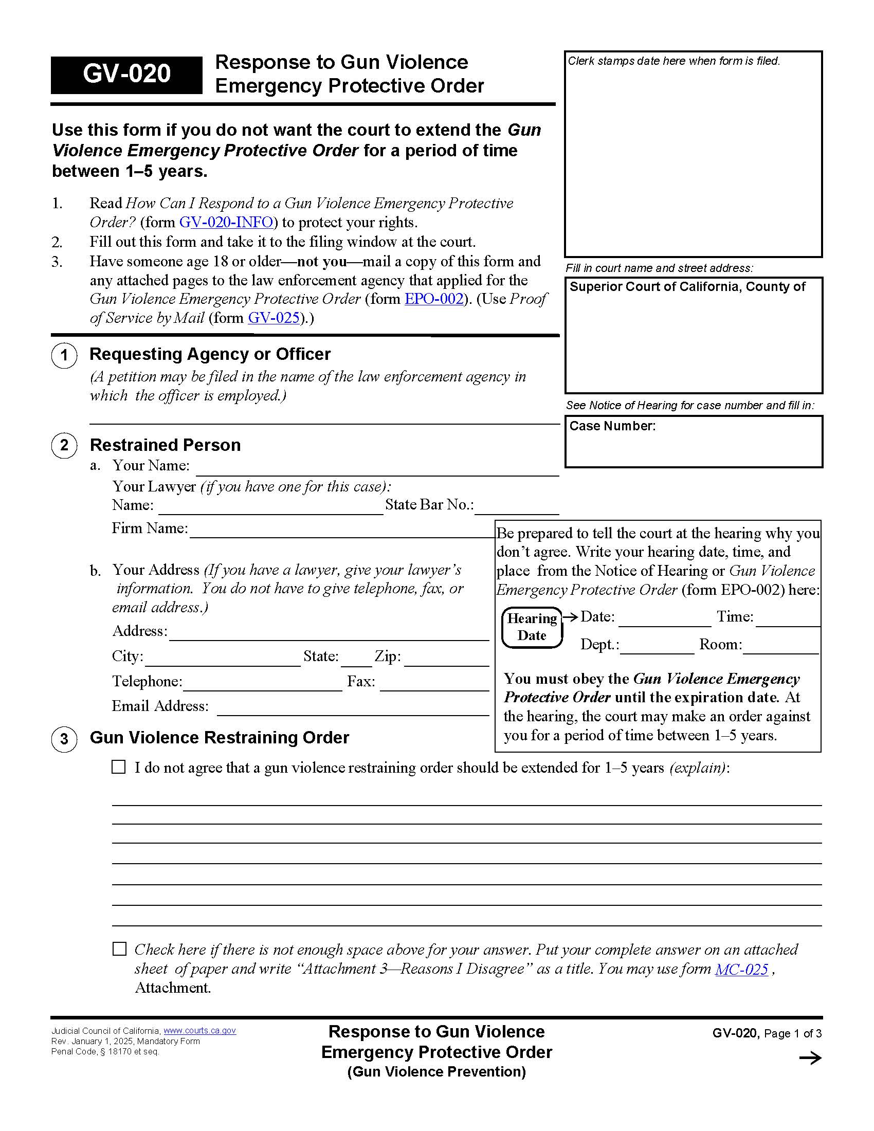 Response To Gun Violence Emergency Protective Order {GV-020} | Pdf Fpdf Docx | California