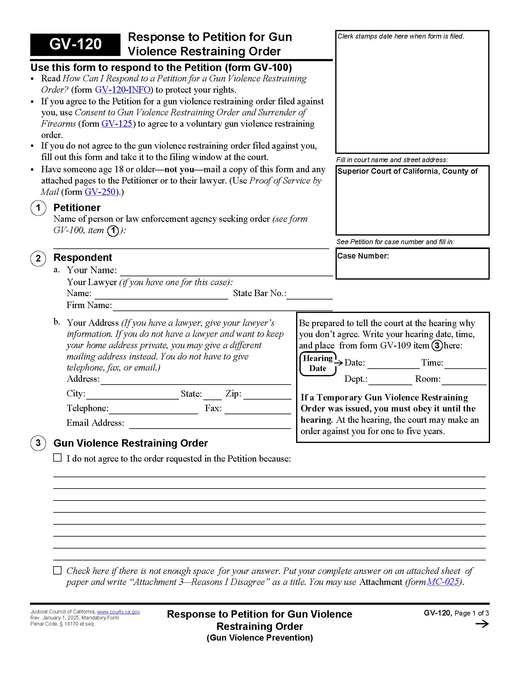 Response To Petition For Gun Violence Restraining Order {GV-120} | Pdf Fpdf Docx | California