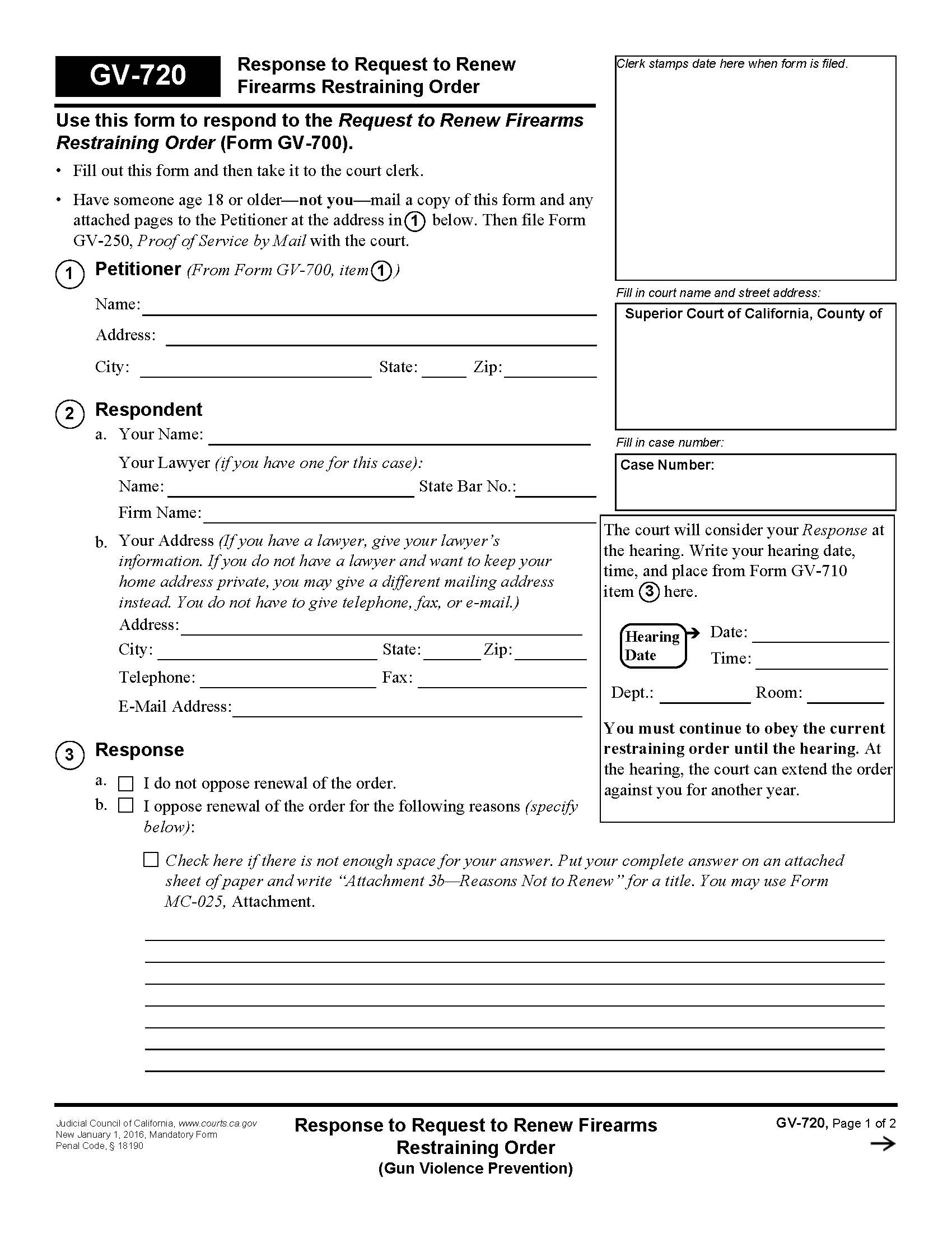 Response To Request To Renew Firearms Restraining Order {GV-720} | Pdf Fpdf Doc Docx | California