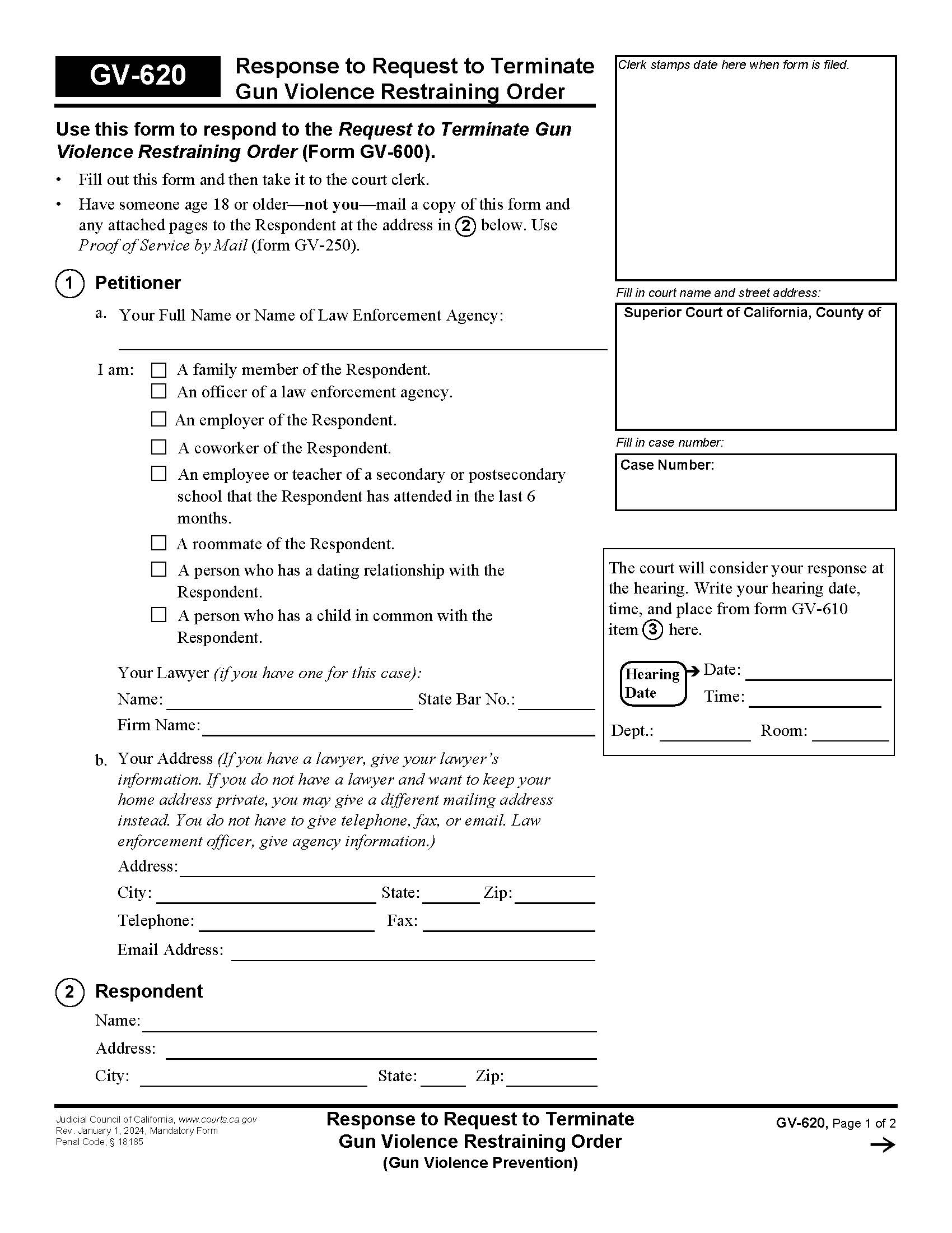Response To Request To Terminate Gun Violence Restraining Order {GV-620} | Pdf Fpdf Docx | California