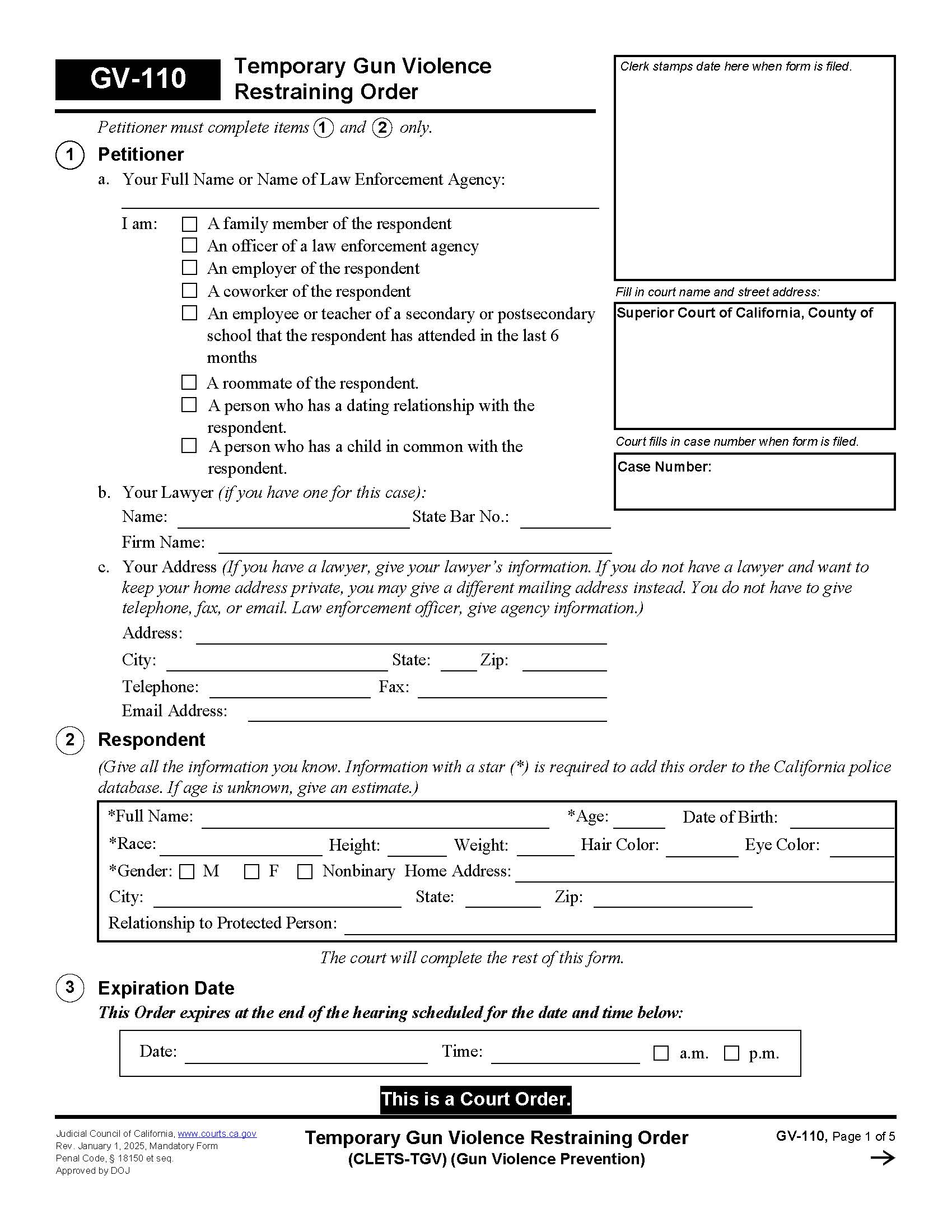 Temporary Gun Violence Restraining Order (CLETS-TGV) {GV-110} | Pdf Fpdf Docx | California