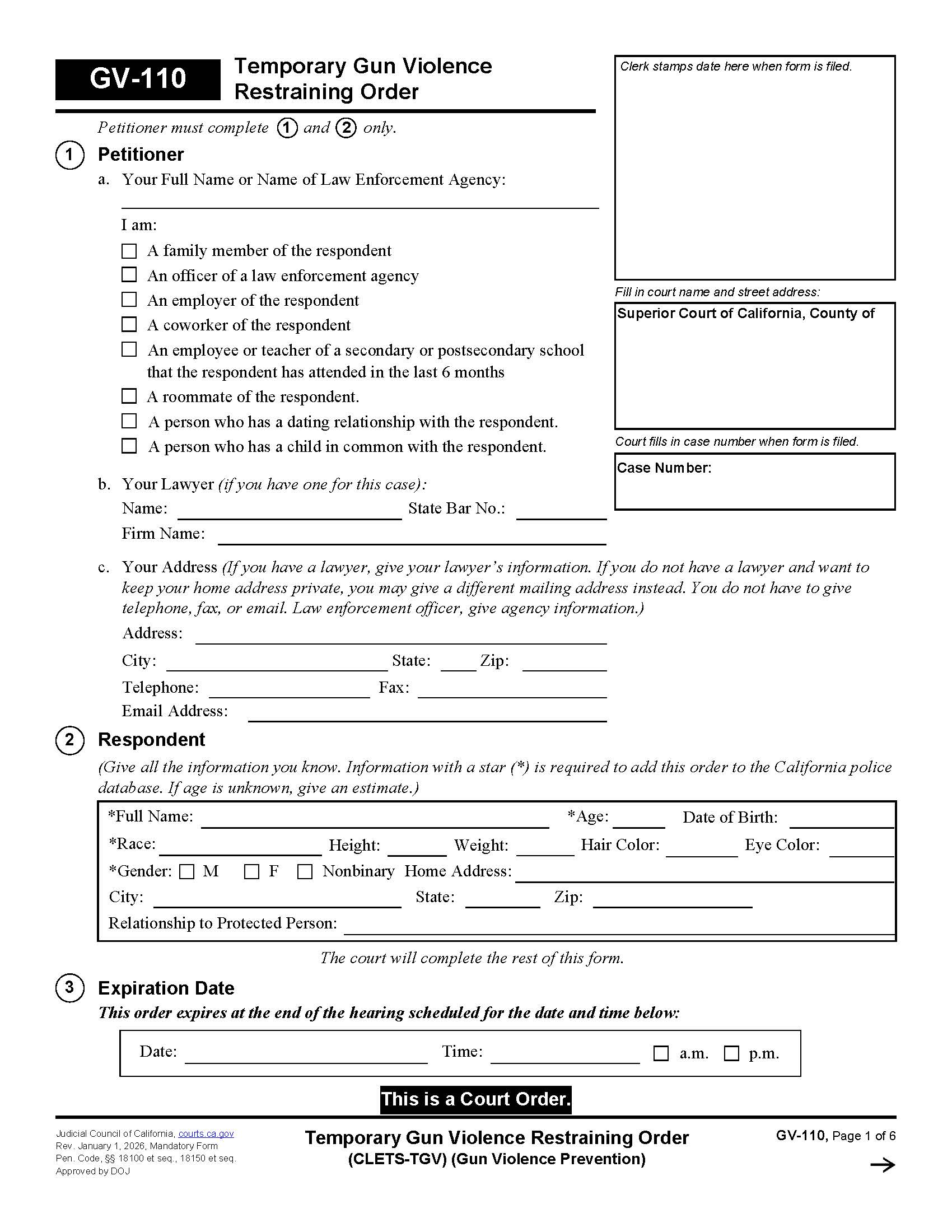 Temporary Gun Violence Restraining Order (CLETS-TGV) {GV-110} | Pdf Fpdf Docx | California
