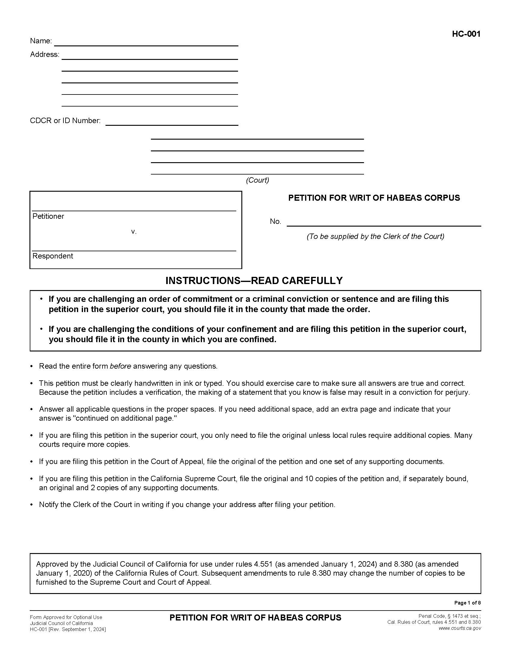 Petition For Writ Of Habeas Corpus {HC-001} | Pdf Fpdf Docx | California