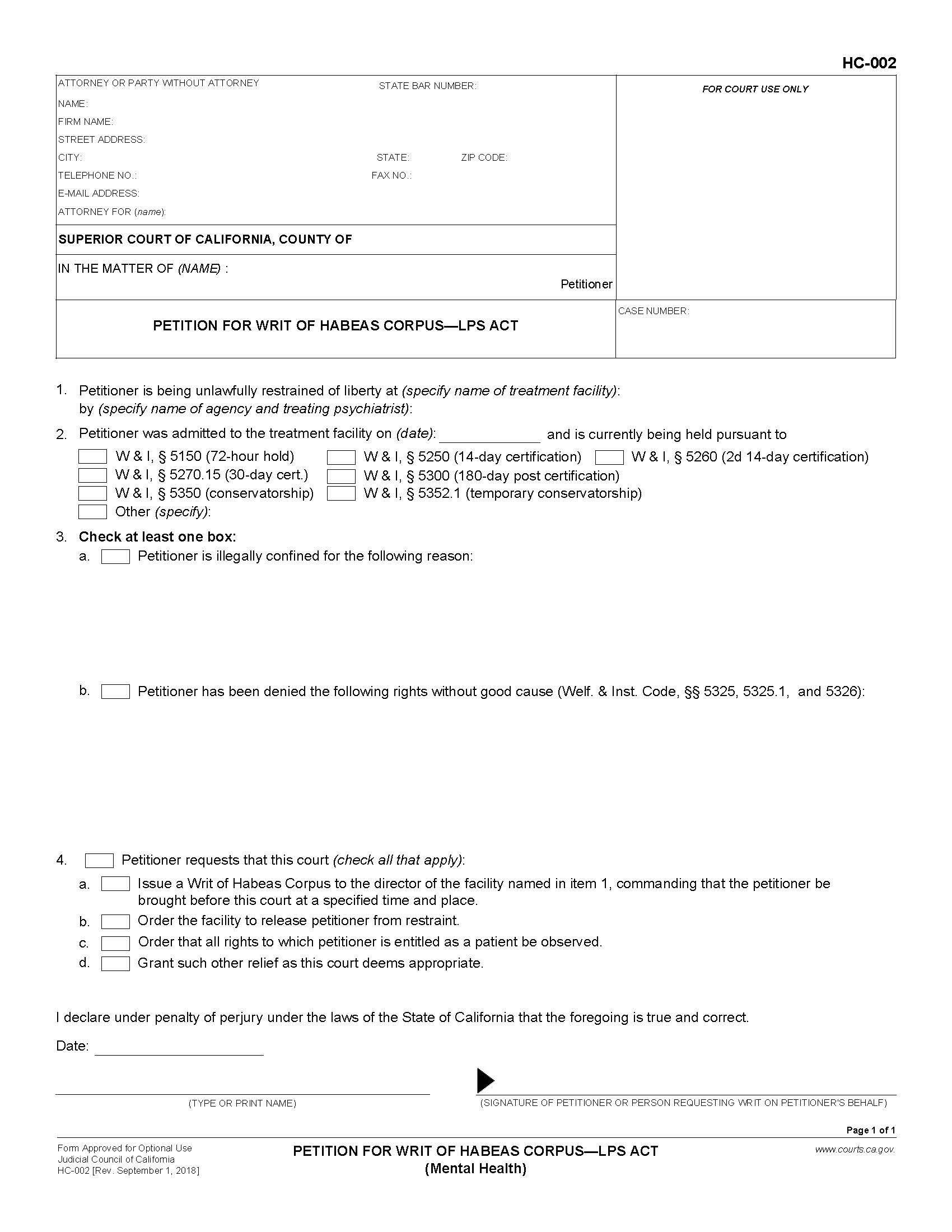 Petition For Writ Of Habeas Corpus-LPS Act (Mental Health) {HC-002} | Pdf Fpdf Docx | California