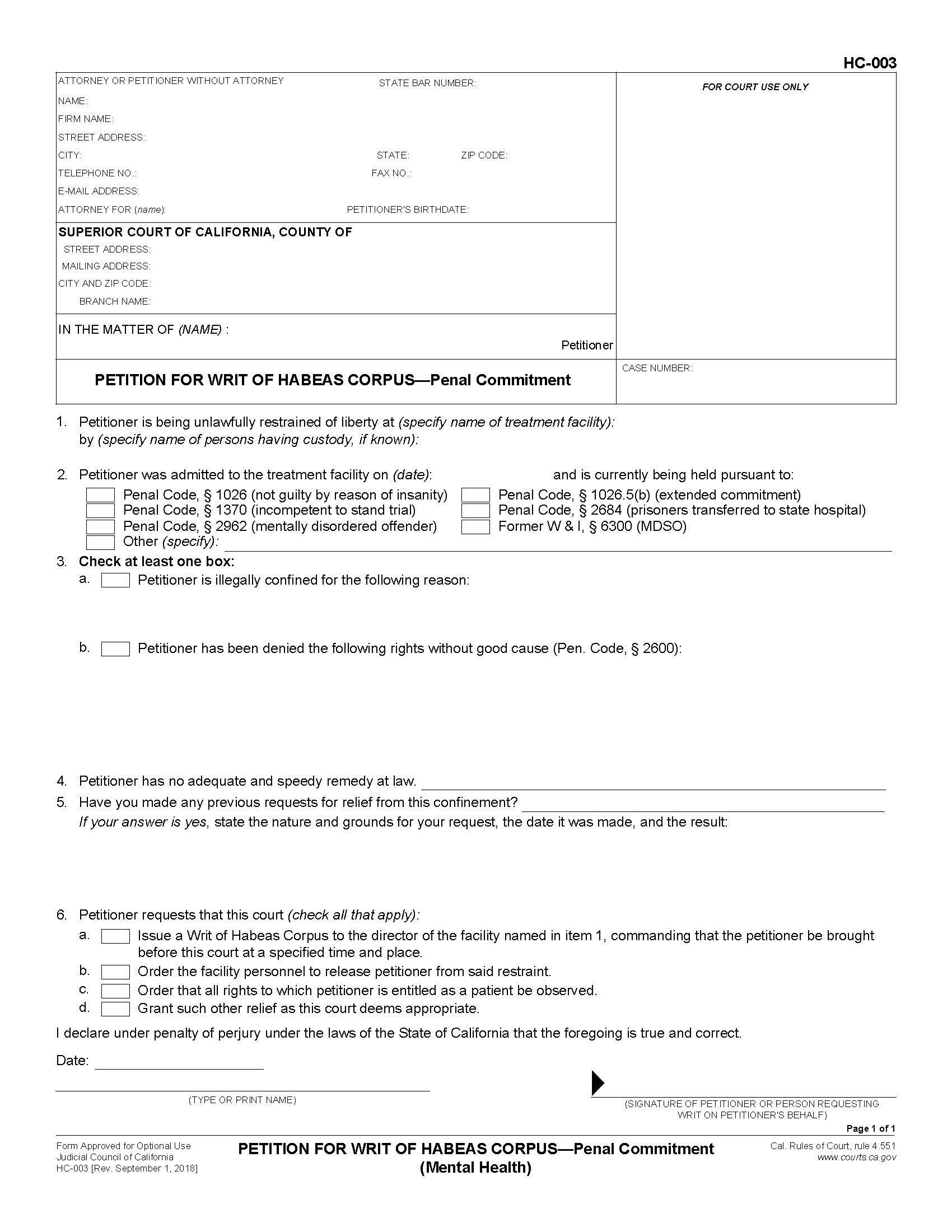 Petition For Writ Of Habeas Corpus-Penal Commitment (Mental Health) {HC-003} | Pdf Fpdf Docx | California