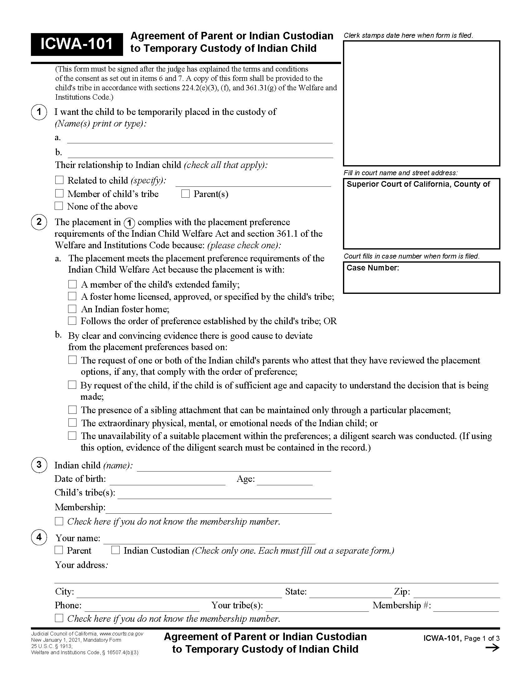 Agreement Of Parent Or Indian Custodian To Temporary Custody {ICWA-101} | Pdf Fpdf Docx | California