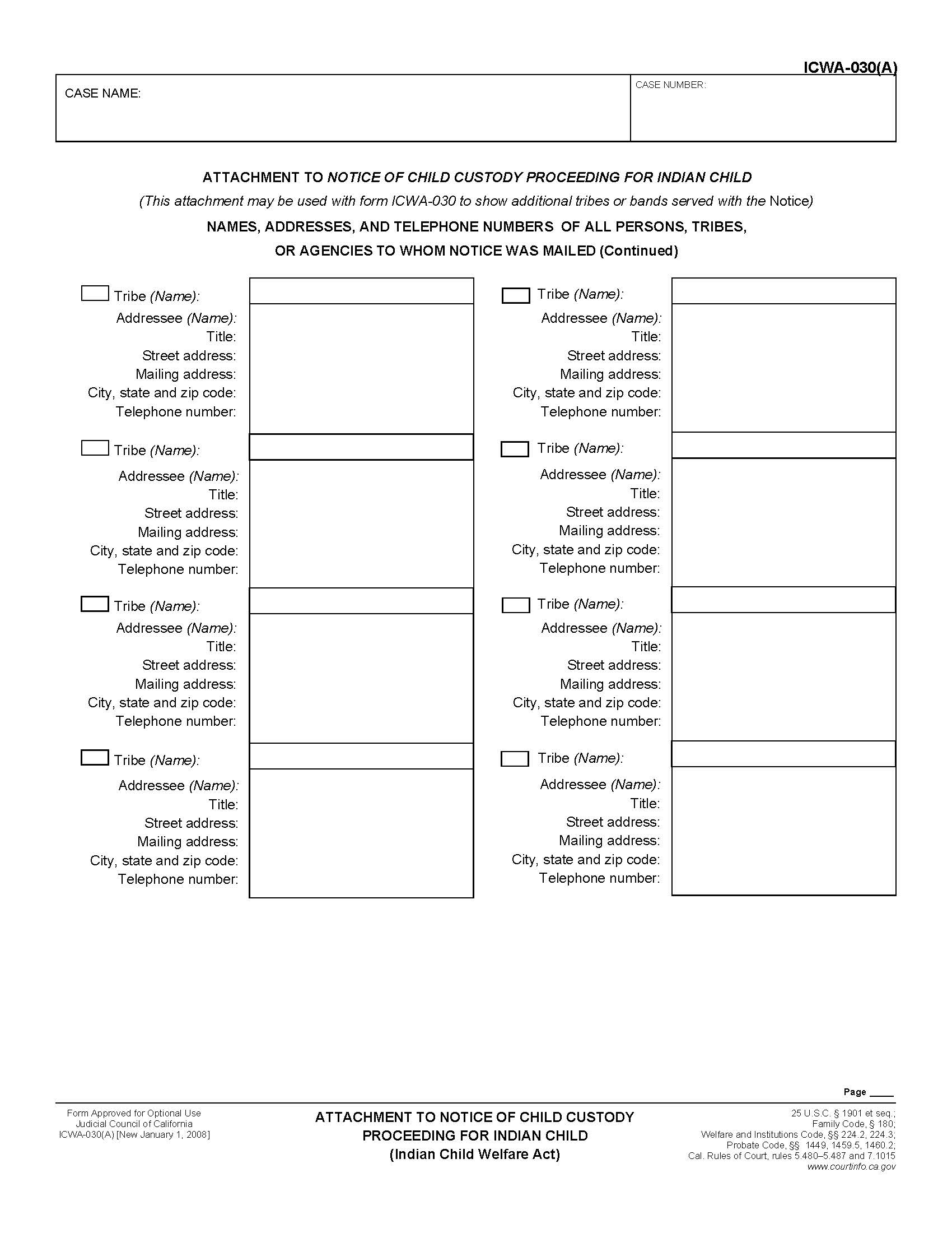 Attachment To Notice Of Child Custody Proceeding For Indian Child Custody {ICWA-030(A)} | Pdf Fpdf Doc Docx | California