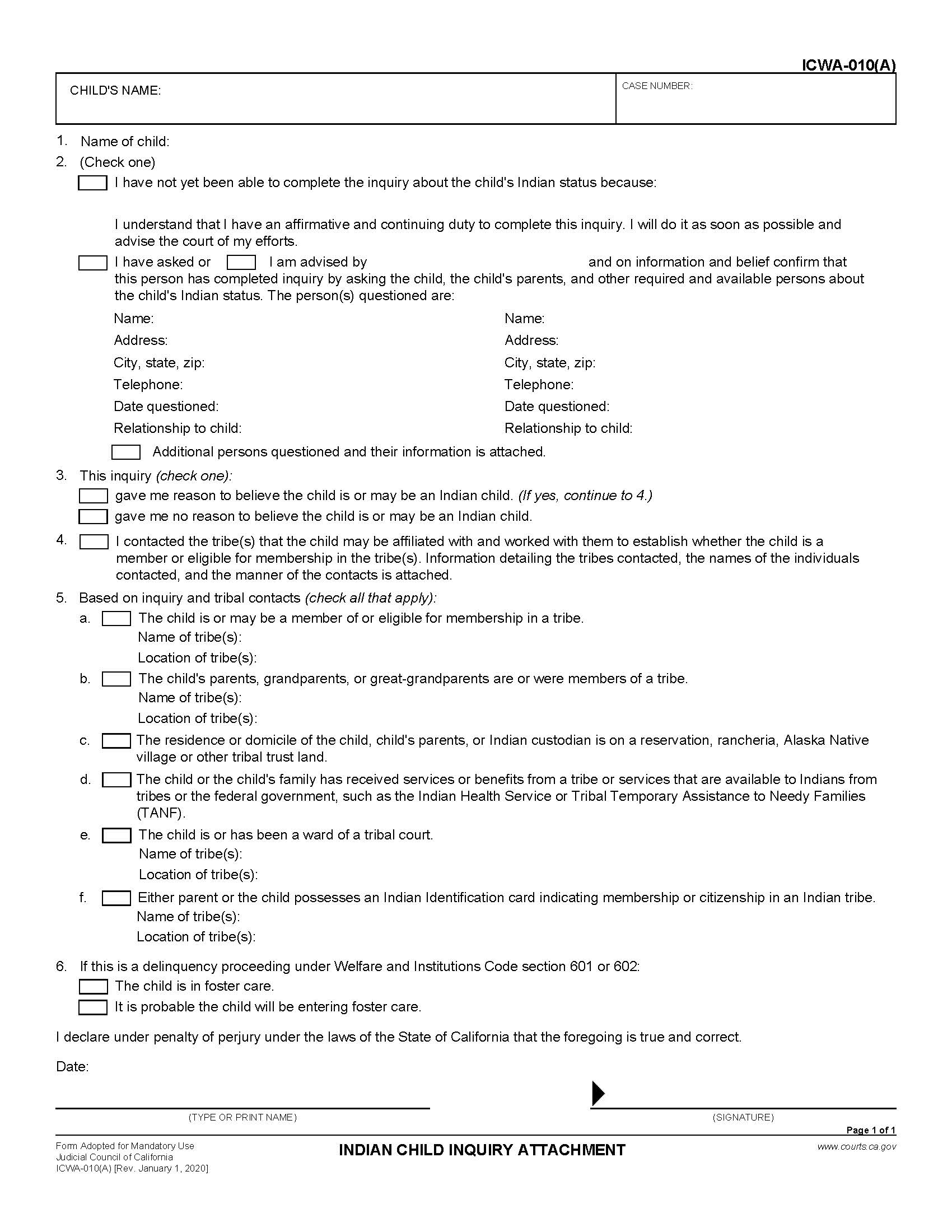 Indian Child Inquiry Attachment {ICWA-010(A)} | Pdf Fpdf Doc Docx | California