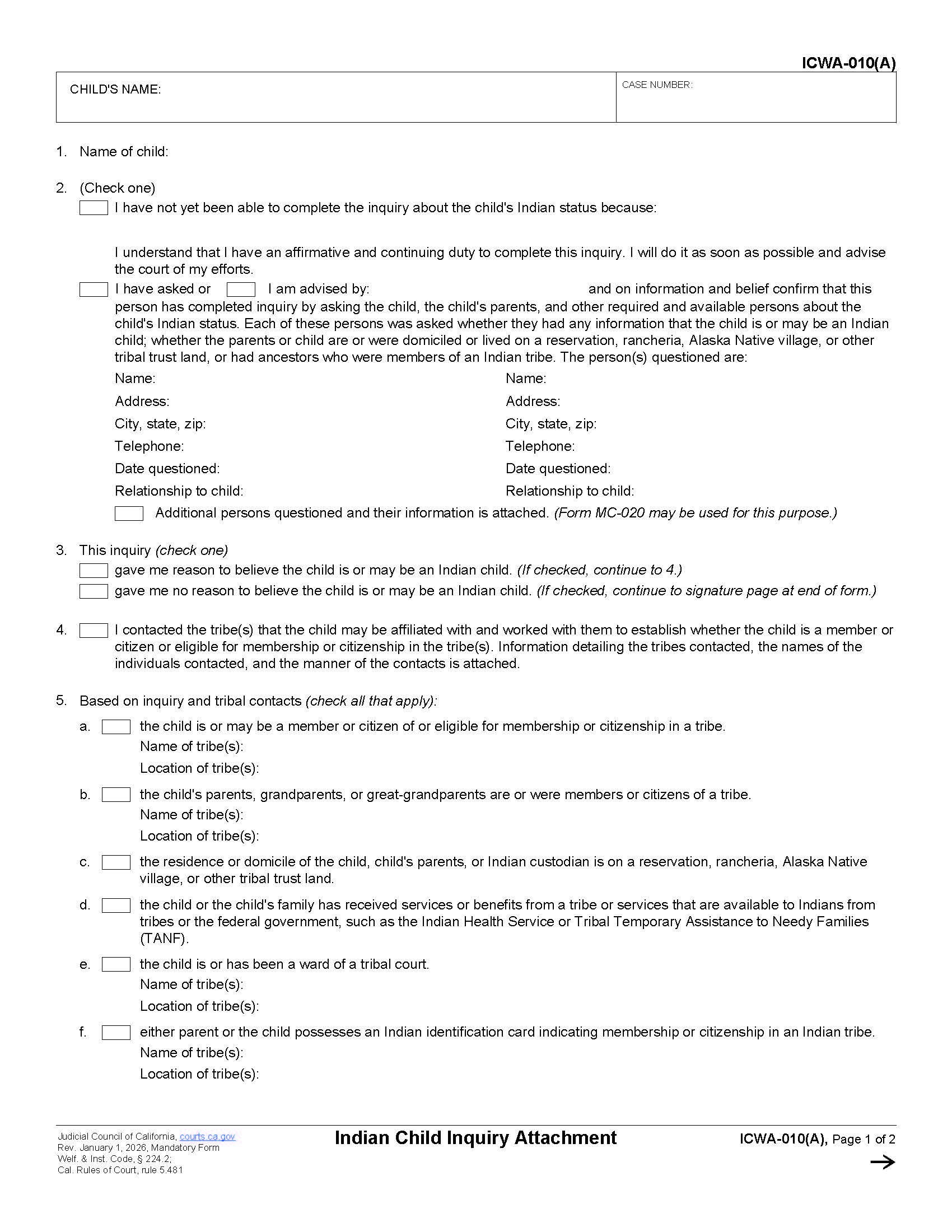 Indian Child Inquiry Attachment {ICWA-010(A)} | Pdf Fpdf Doc Docx | California