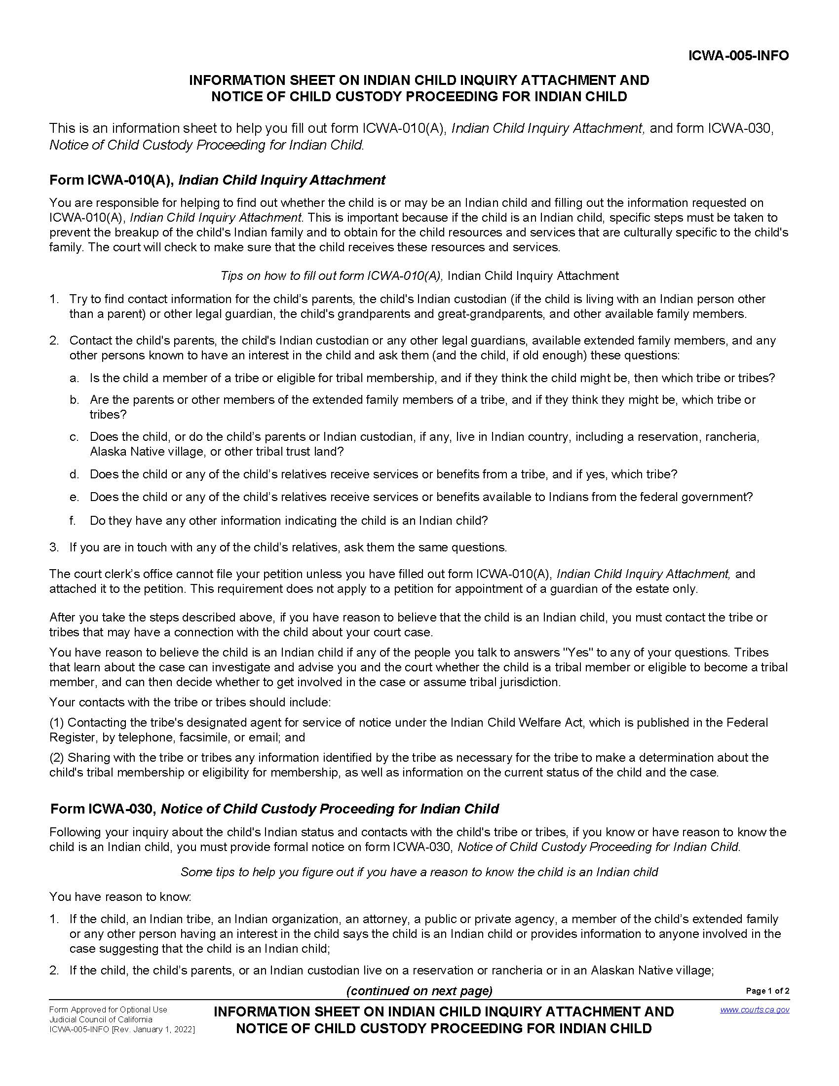 Information Sheet On Indian Child Inquiry Attachment And Notice Of Child Custody {ICWA-005-INFO} | Pdf Fpdf Doc Docx | California