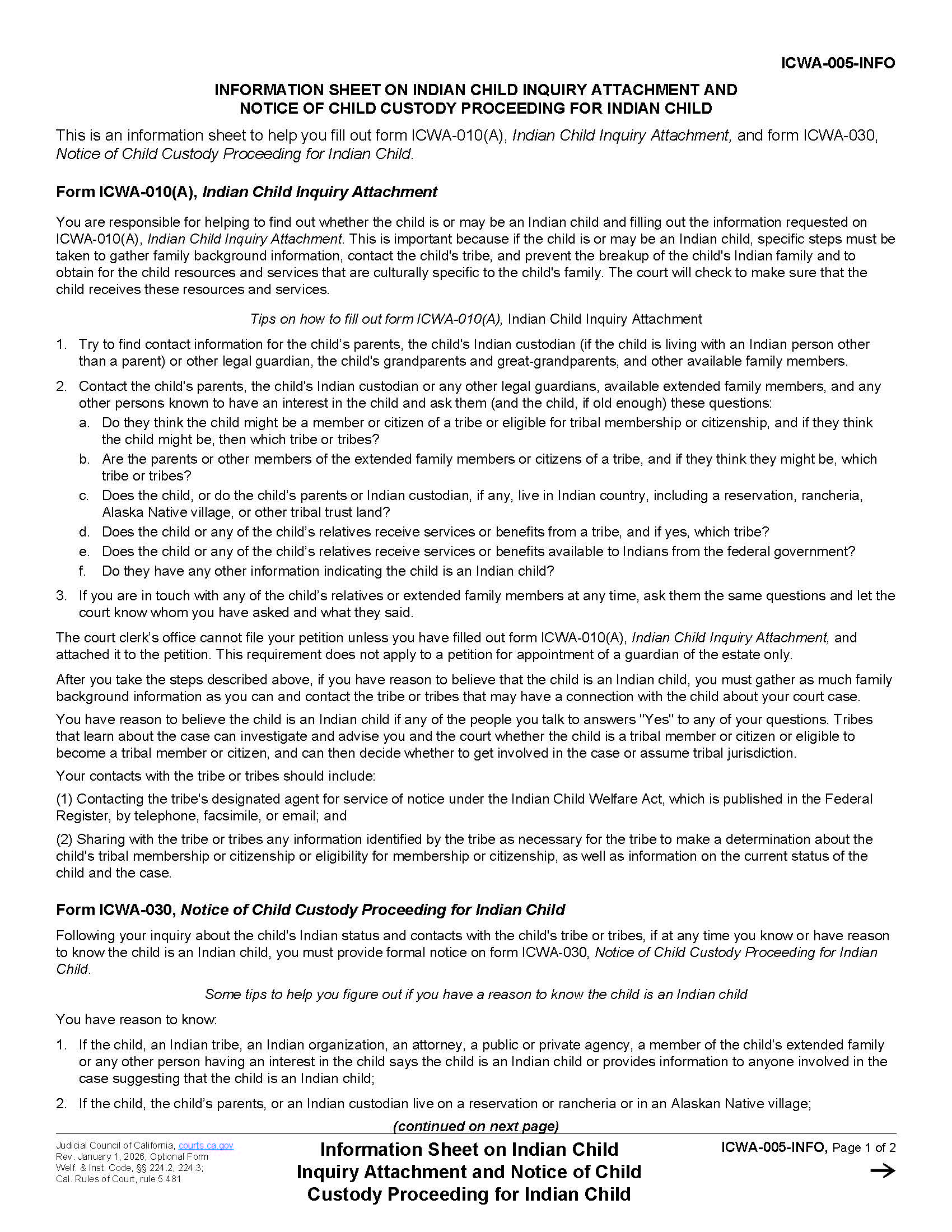 Information Sheet On Indian Child Inquiry Attachment And Notice Of Child Custody {ICWA-005-INFO} | Pdf Fpdf Doc Docx | California