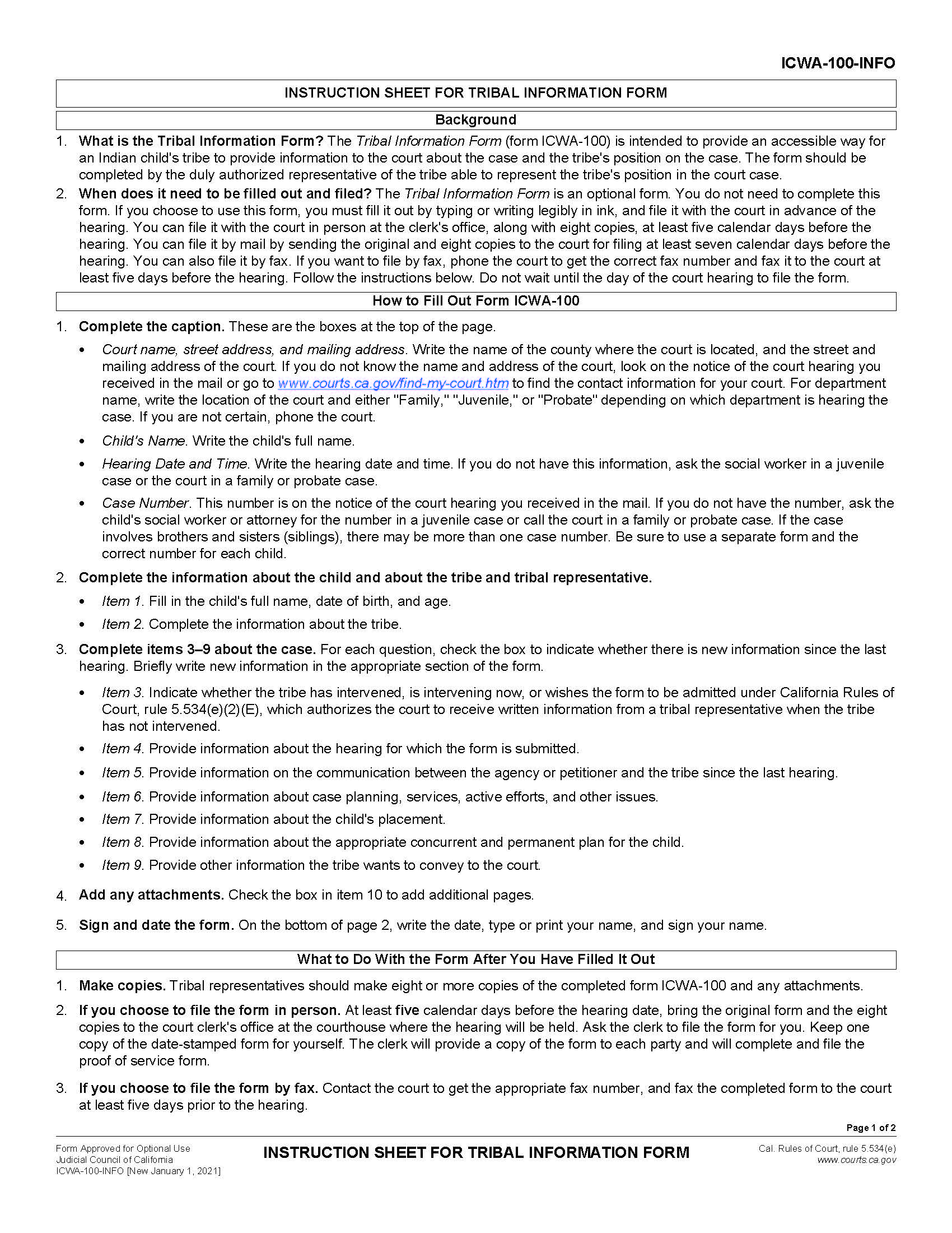 Instructions Sheet For Tribal Information Form {ICWA-100-INFO} | Pdf Fpdf Docx | California