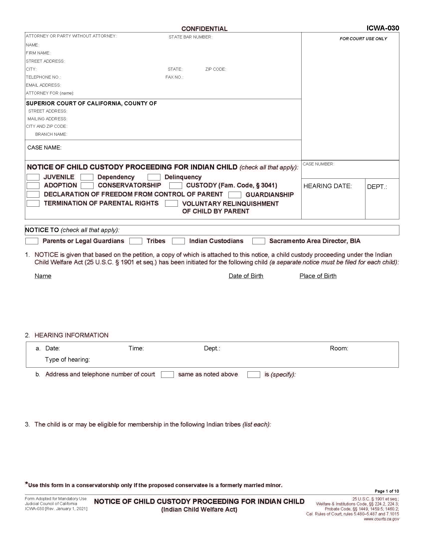 Notice Of Child Custody Proceeding For Indian Child {ICWA-030} | Pdf Fpdf Doc Docx | California