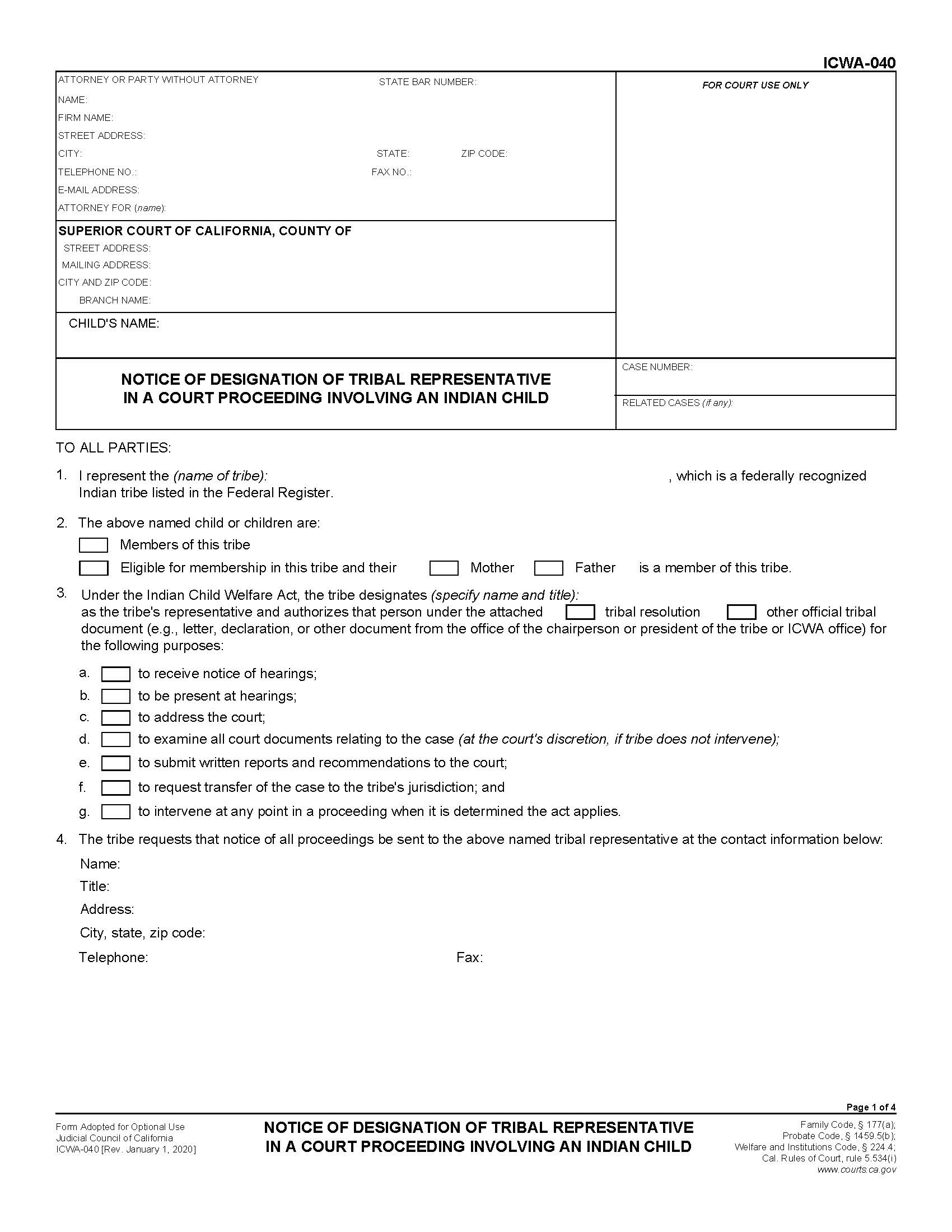 Notice Of Designation Of Trial Representative In A Court Proceeding {ICWA-040} | Pdf Fpdf Doc Docx | California