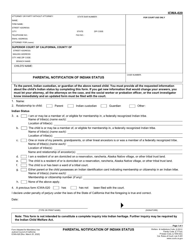 Parental Notification Of Indian Status {ICWA-020} | Pdf Fpdf Doc Docx | California