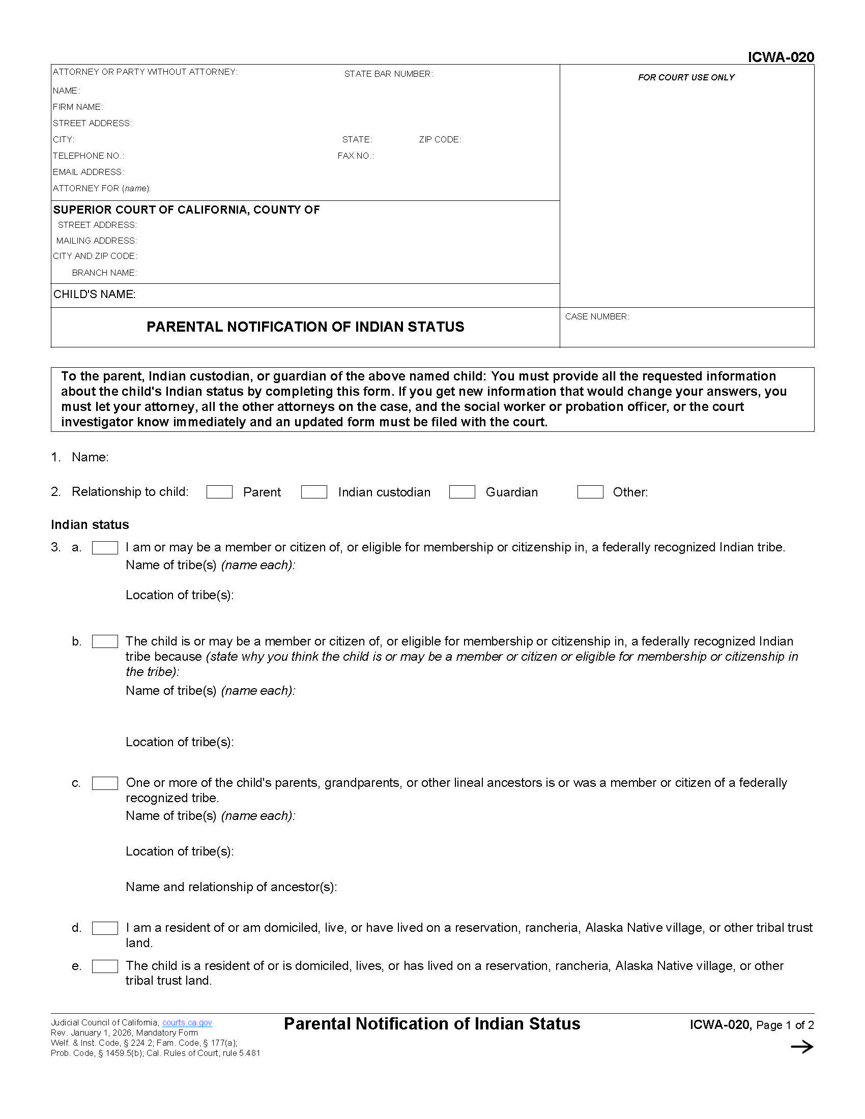 Parental Notification Of Indian Status {ICWA-020} | Pdf Fpdf Doc Docx | California