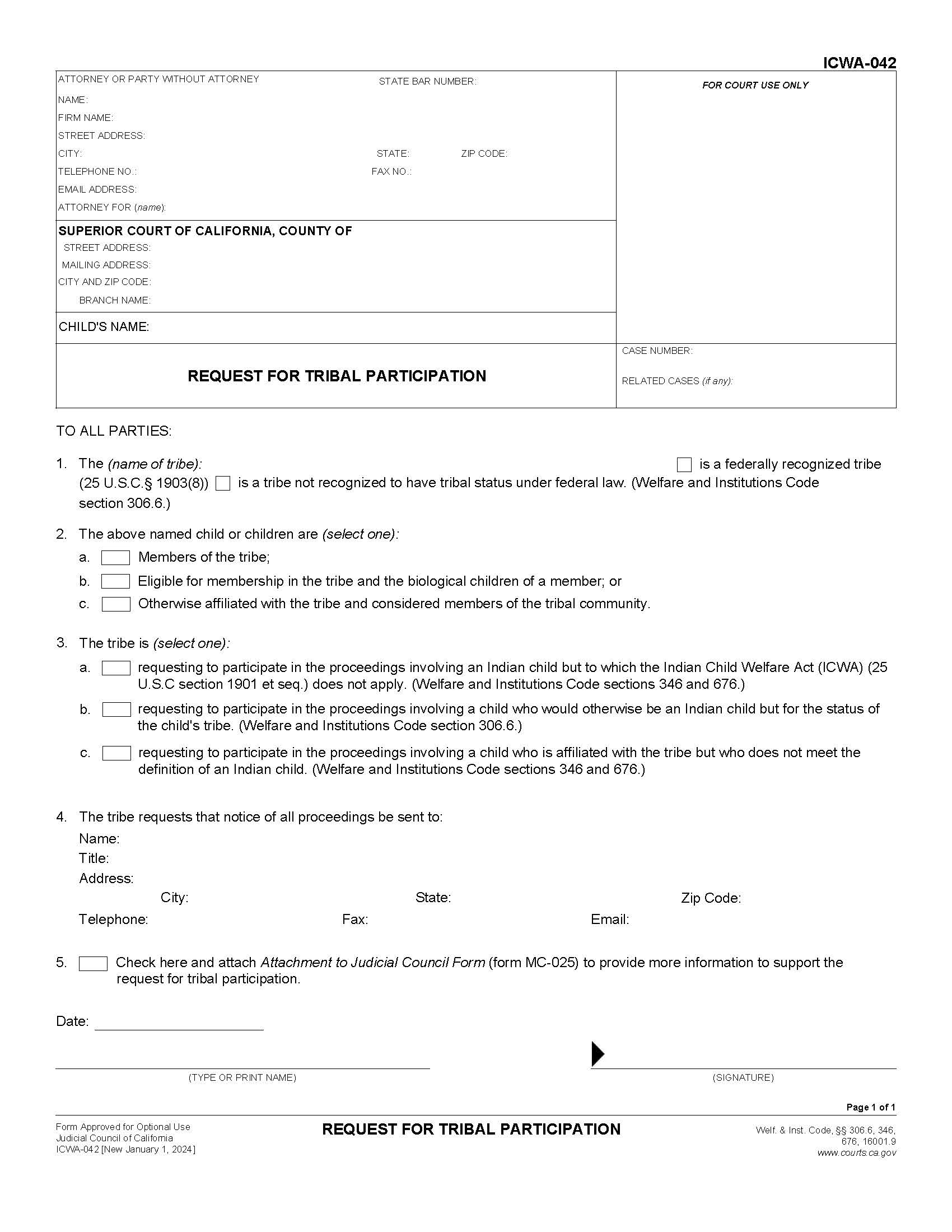 Request For Tribal Participation {ICWA-042} | Pdf Fpdf Docx | California