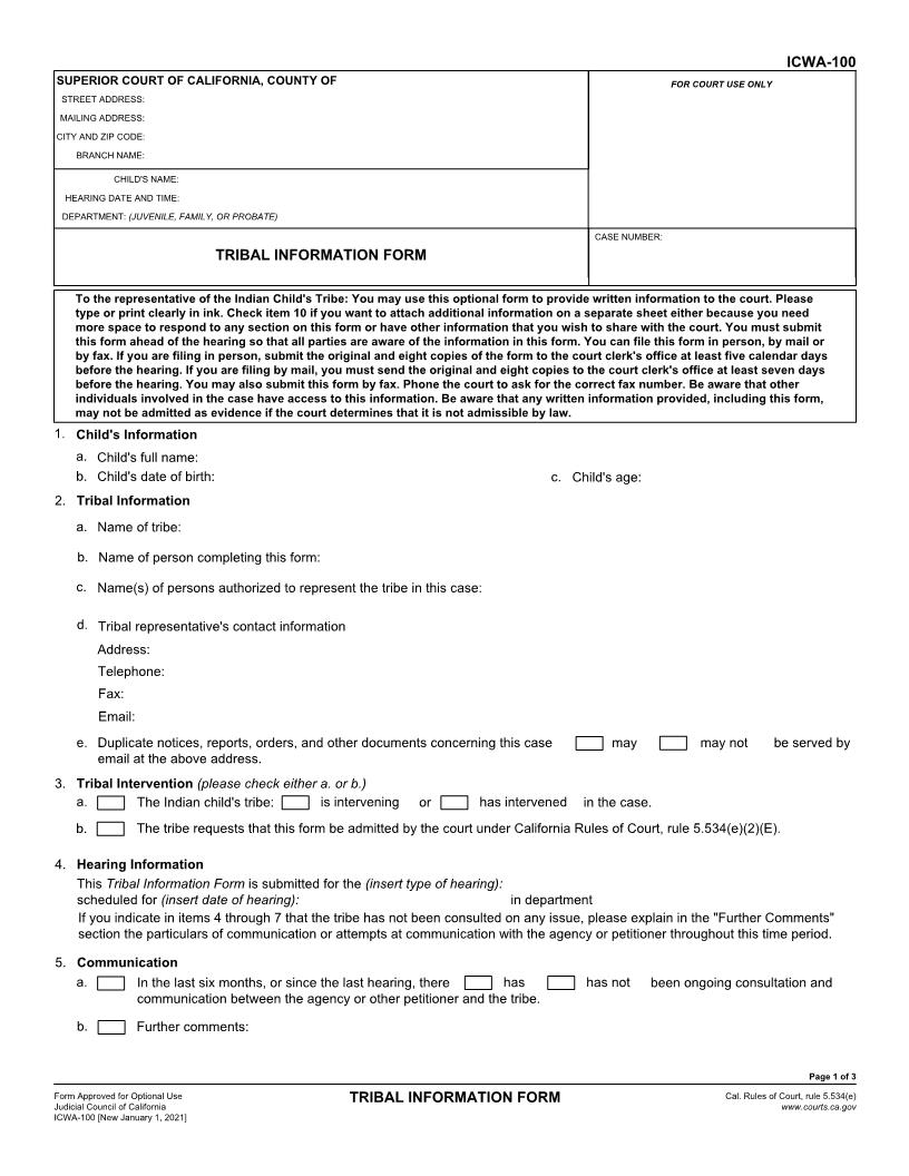 Tribal Information Form {ICWA-100} | Pdf Fpdf Docx | California
