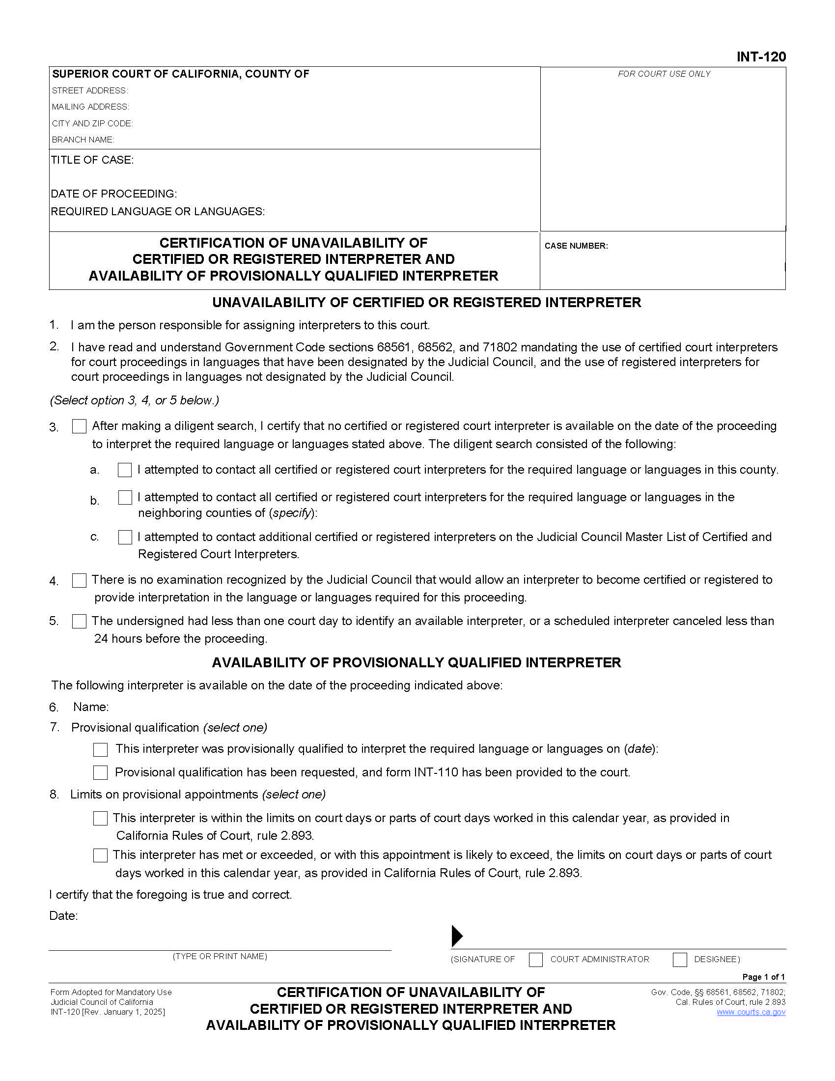 Certification Of Unavailability Of Certified Or Registered Interpreter {INT-120} | Pdf Fpdf Doc Docx | California