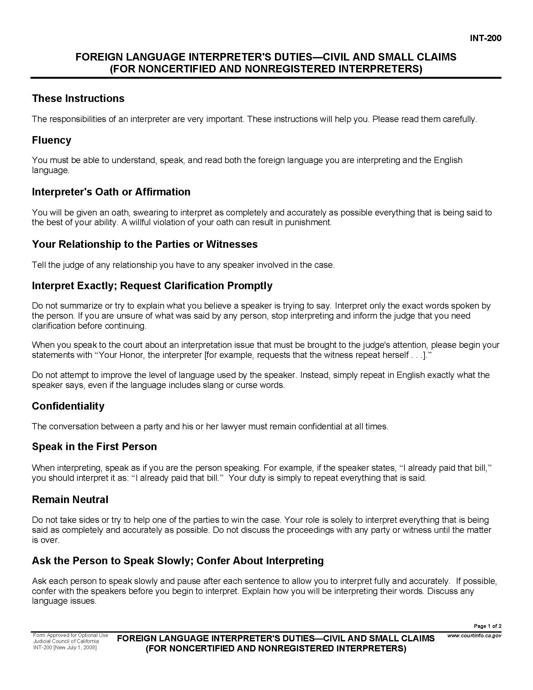 Foreign Language Interpreters Duties-Civil And Small Claims {INT-200} | Pdf Doc Docx | California