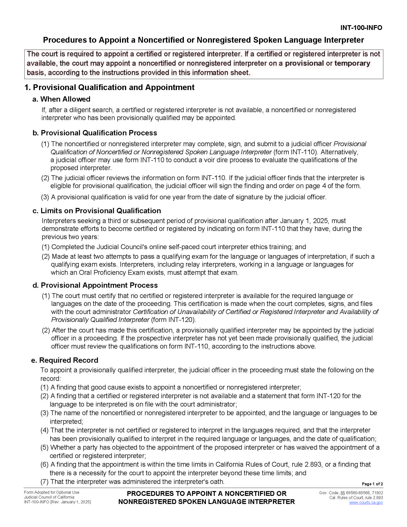 Procedures To Appoint A Noncertified Or Nonregistered Spoken Language Interpreter {INT-100-INFO} | Pdf Fpdf Docx | California