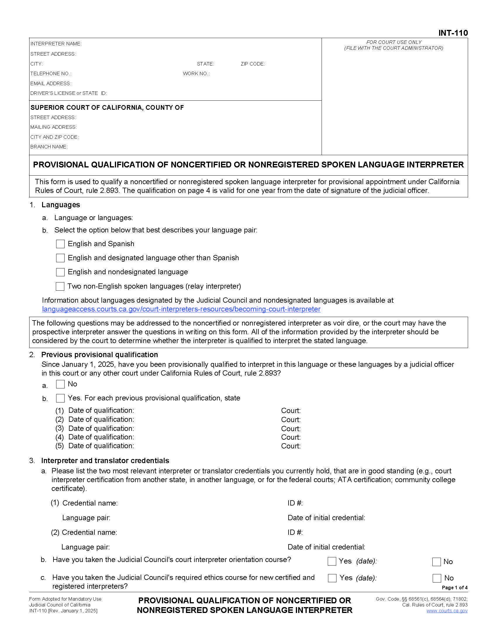 Provisional Qualifications Of Noncertified Or Nonregistered Spoken Language Interpreter {INT-110} | Pdf Fpdf Docx | California