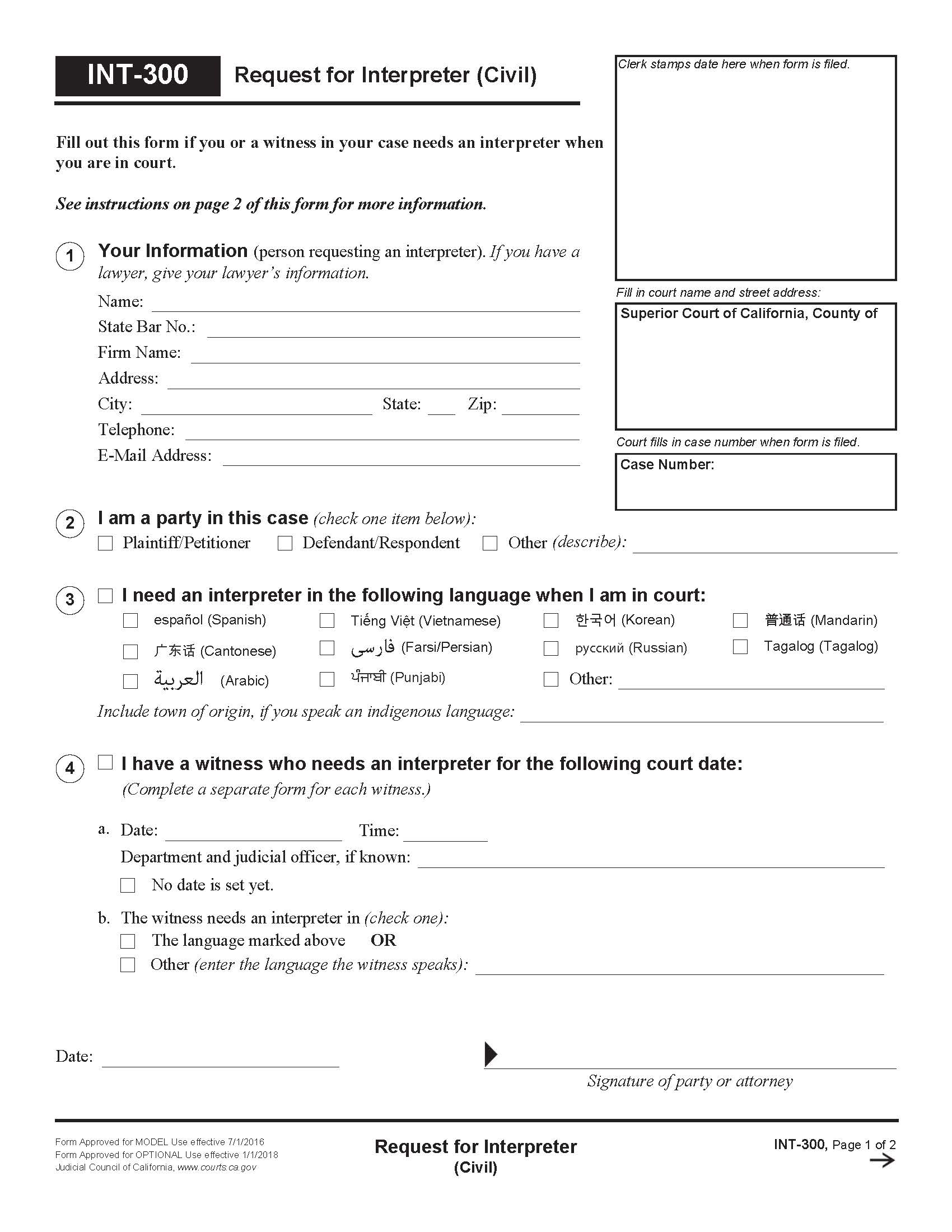Request For Interpreter (Civil) {INT-300} | Pdf Fpdf Doc Docx | California