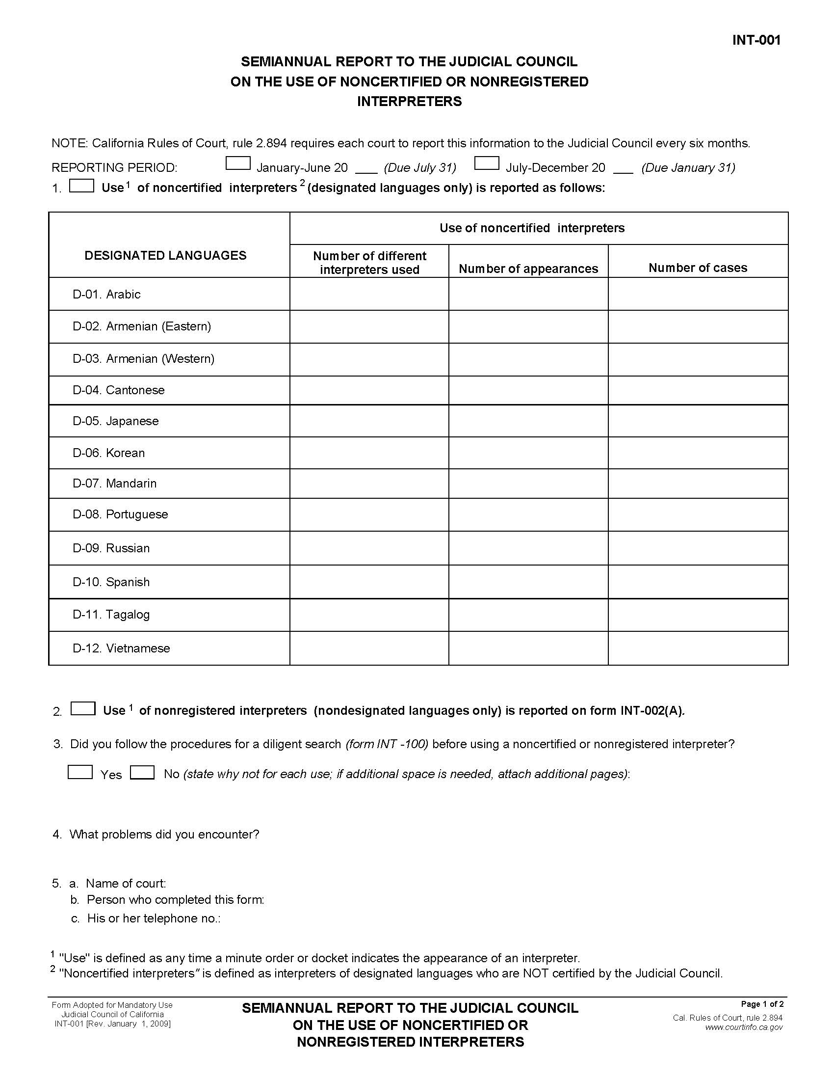 Semiannual Report To Judicial Council On The Use Of Noncertified Or Nonregistered Interpreters {INT-001} | Pdf Fpdf Doc Docx | California