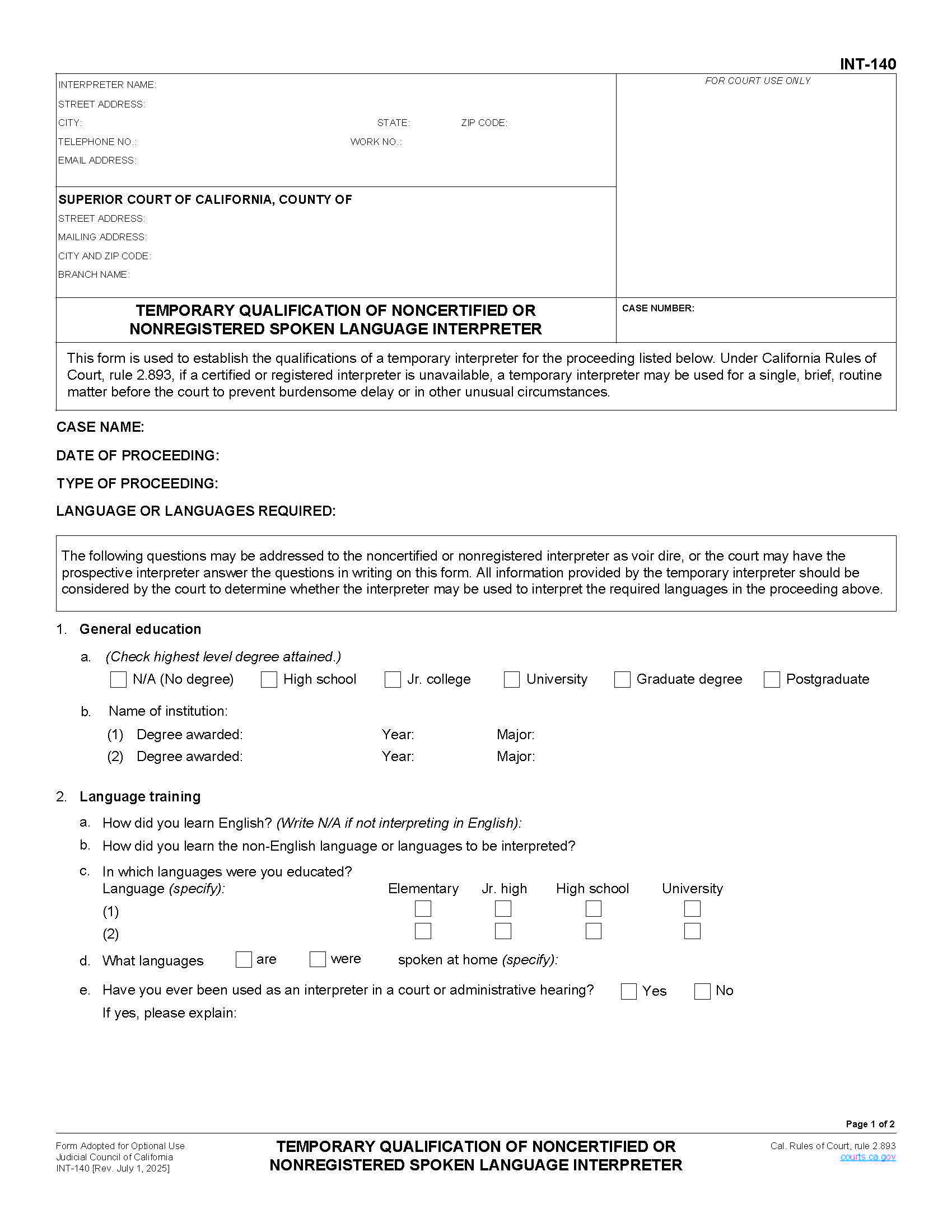 Temporary Qualification Of Noncertified Or Nonregistered Spoken Language Interpreter {INT-140} | Pdf Fpdf Docx | California