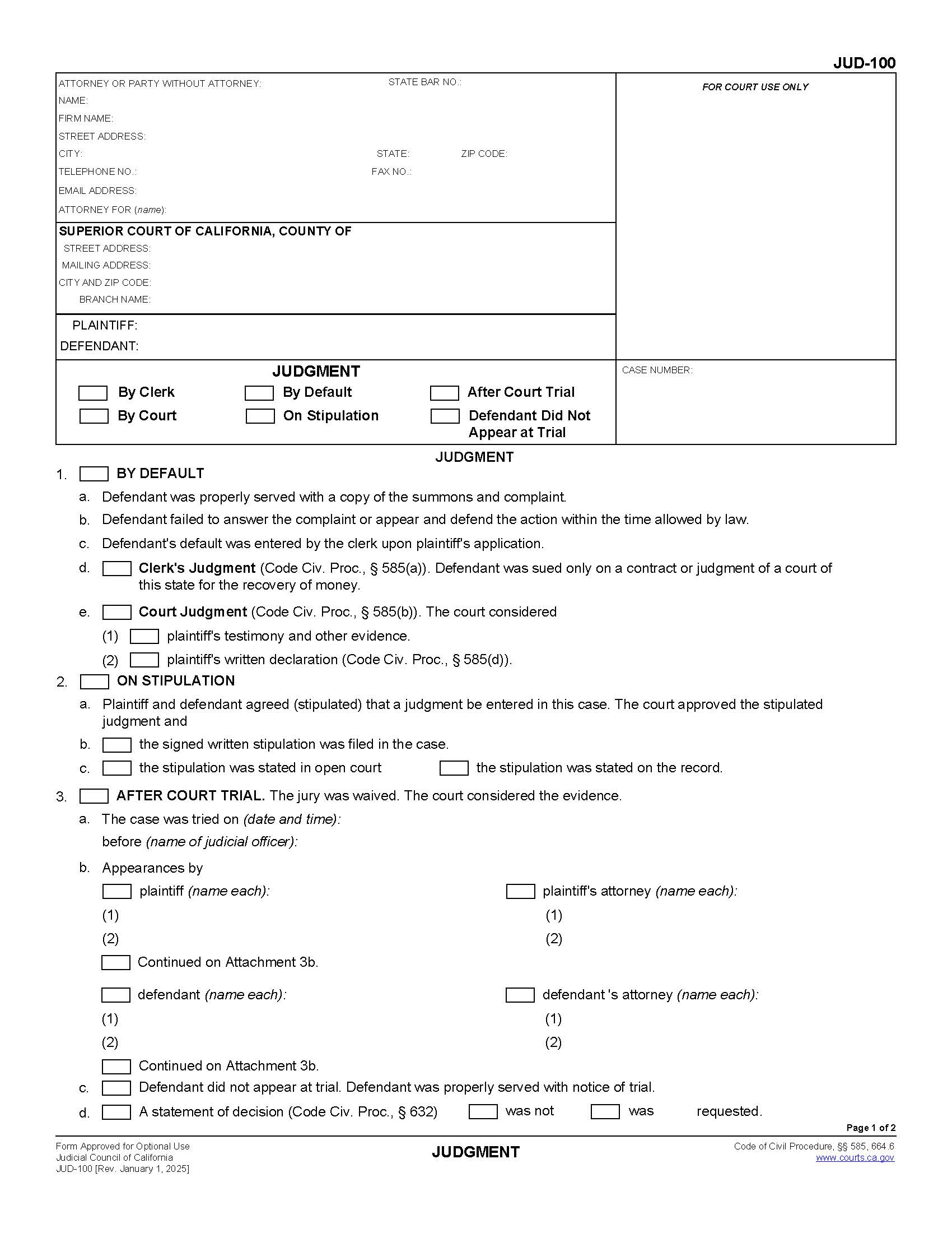 Judgment {JUD-100} | Pdf Fpdf Docx | California