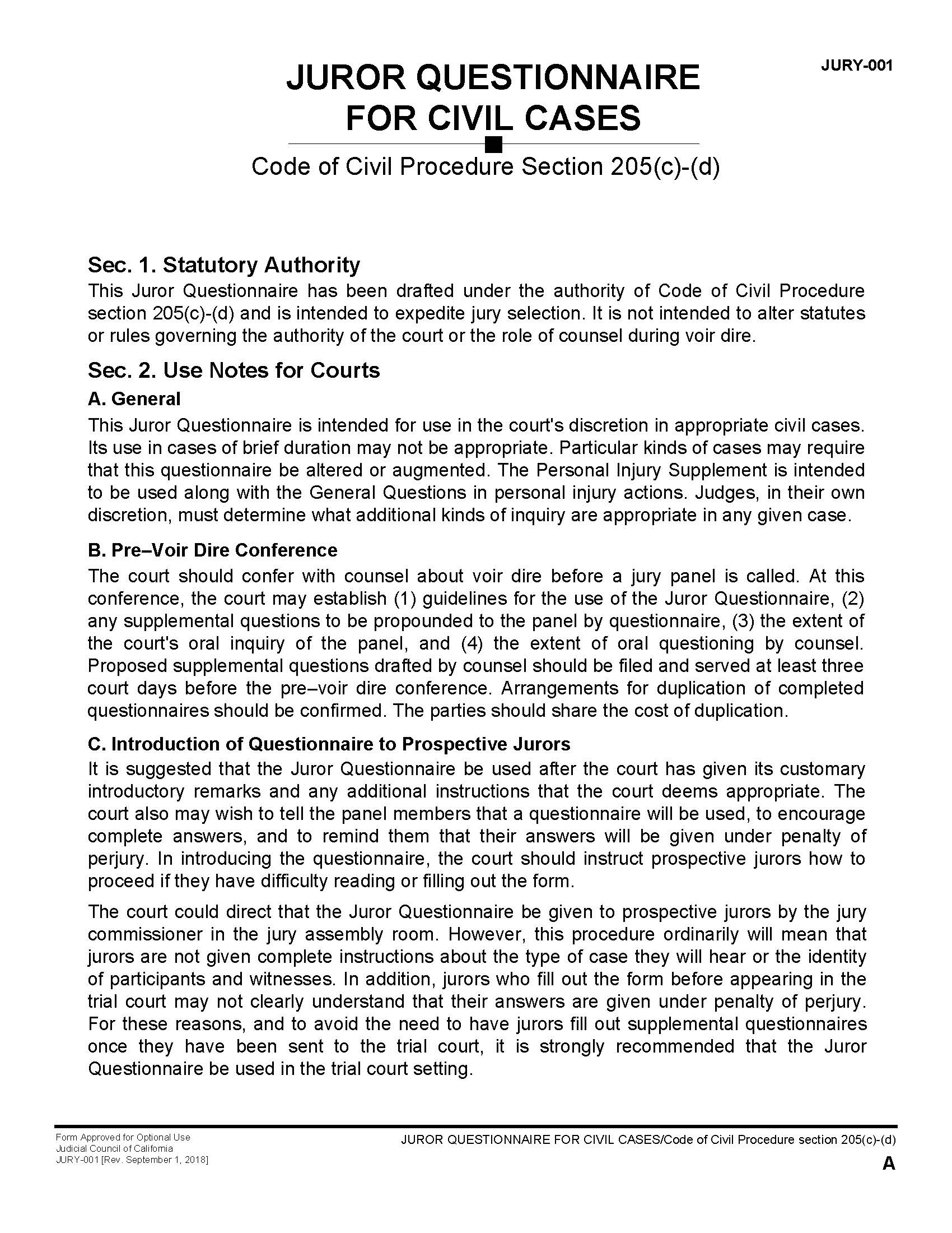Juror Questionnaire For Civil Cases {JURY-001} | Pdf Fpdf Docx | California