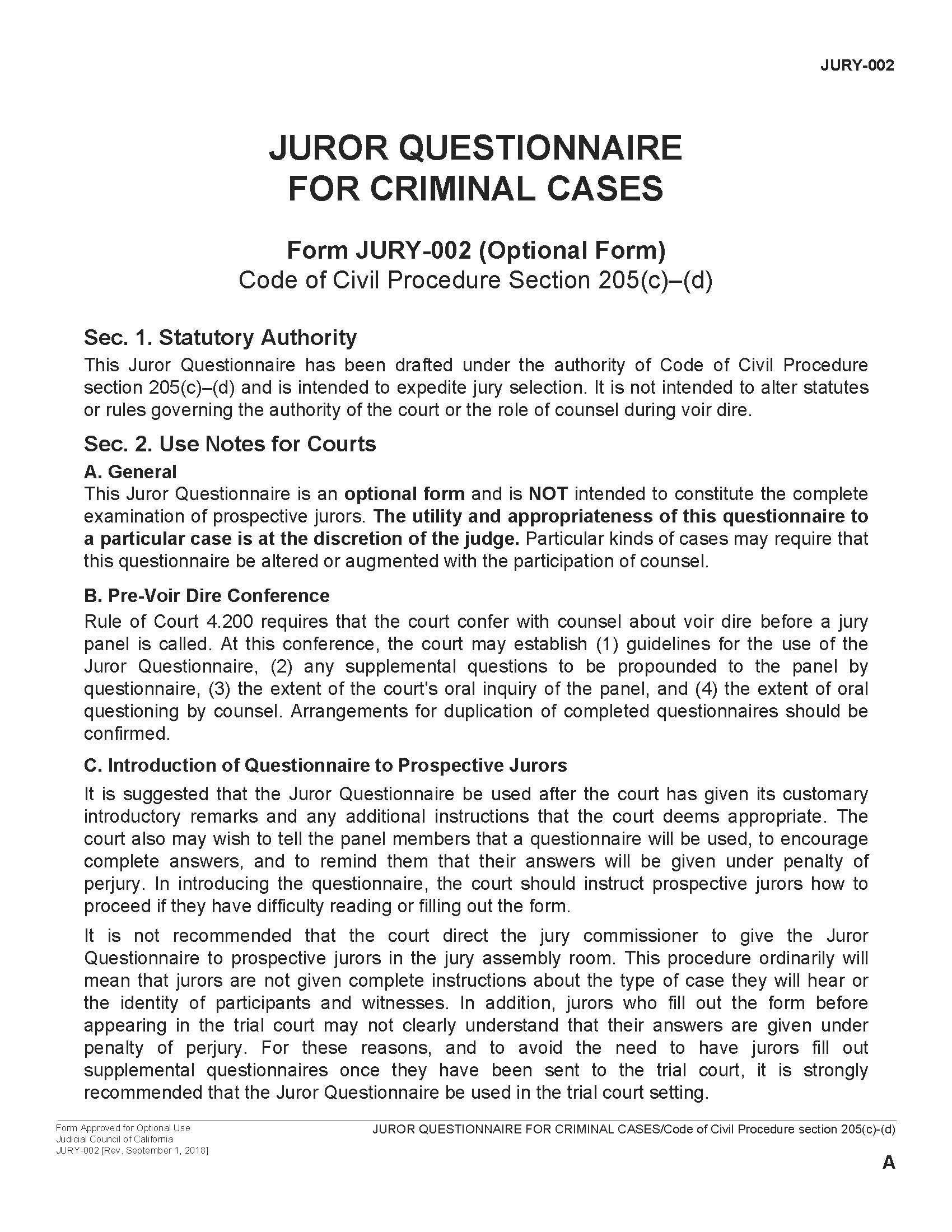 Juror Questionnaire For Criminal Cases-Capital Case Supplement {JURY-002} | Pdf Fpdf Docx | California