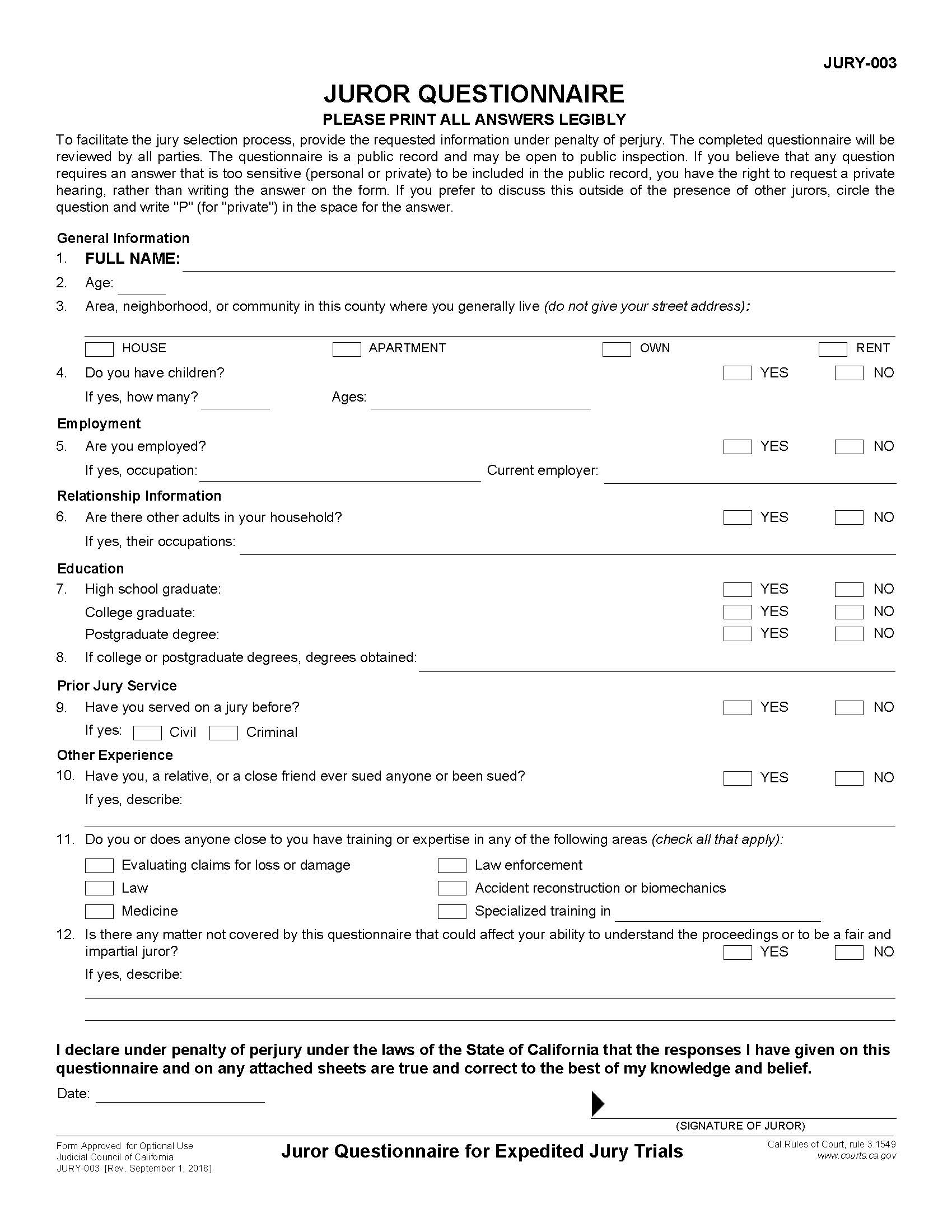 Juror Questionnaire For Expedited Jury Trials {JURY-003} | Pdf Fpdf Docx | California