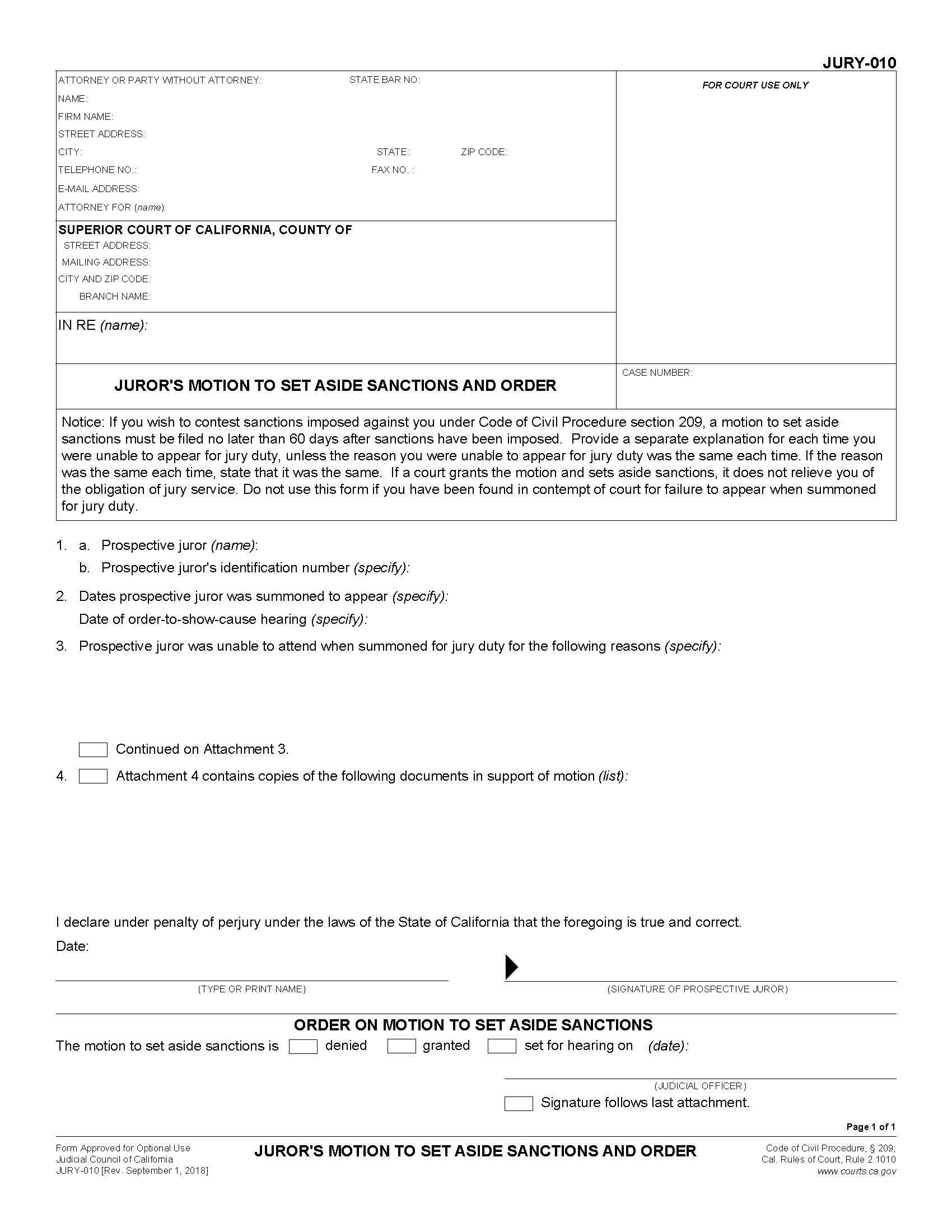 Jurors Motion To Set Aside Sanctions And Order {JURY-010} | Pdf Fpdf Docx | California