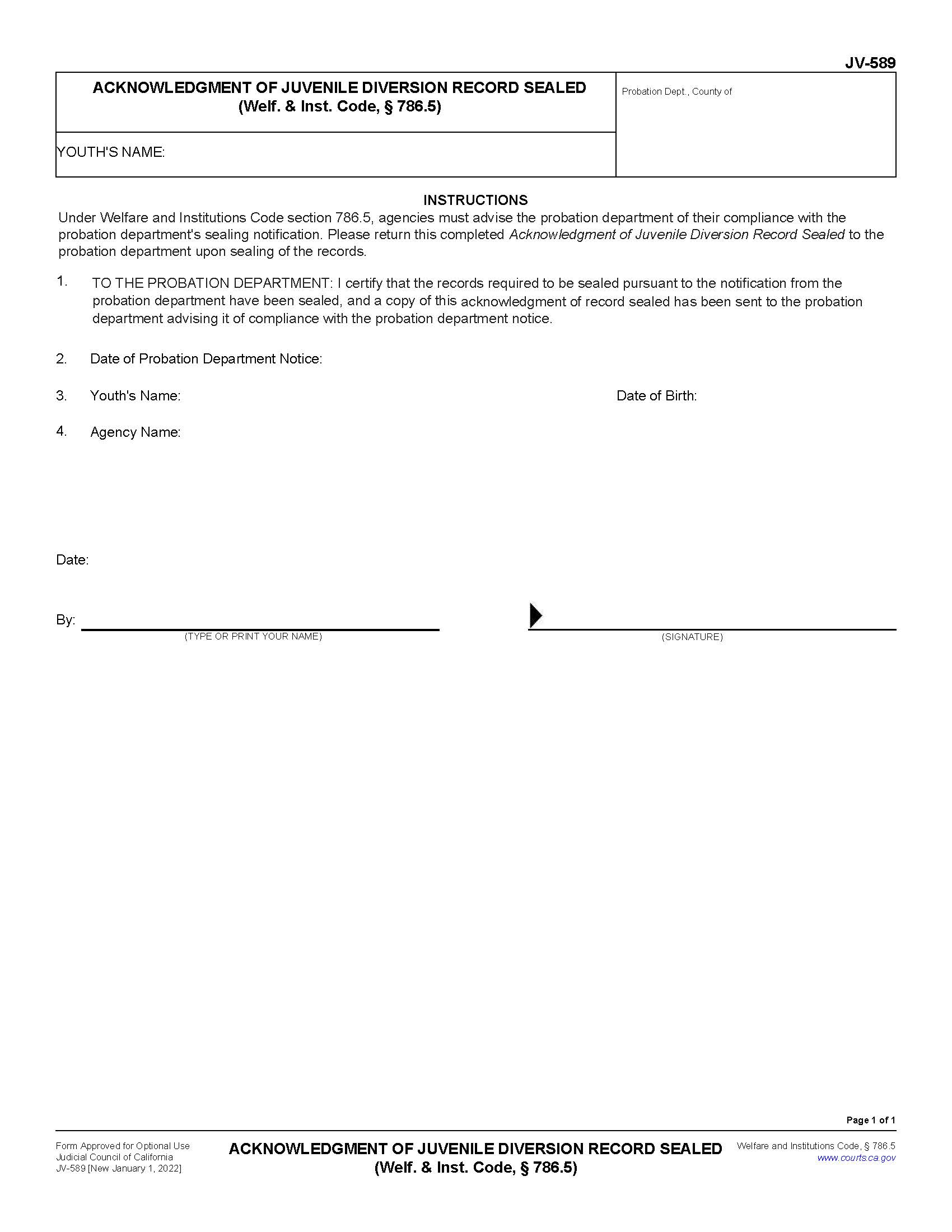 Acknowledgment Of Juvenile Diversion Record Sealed {JV-589} | Pdf Fpdf Docx | California