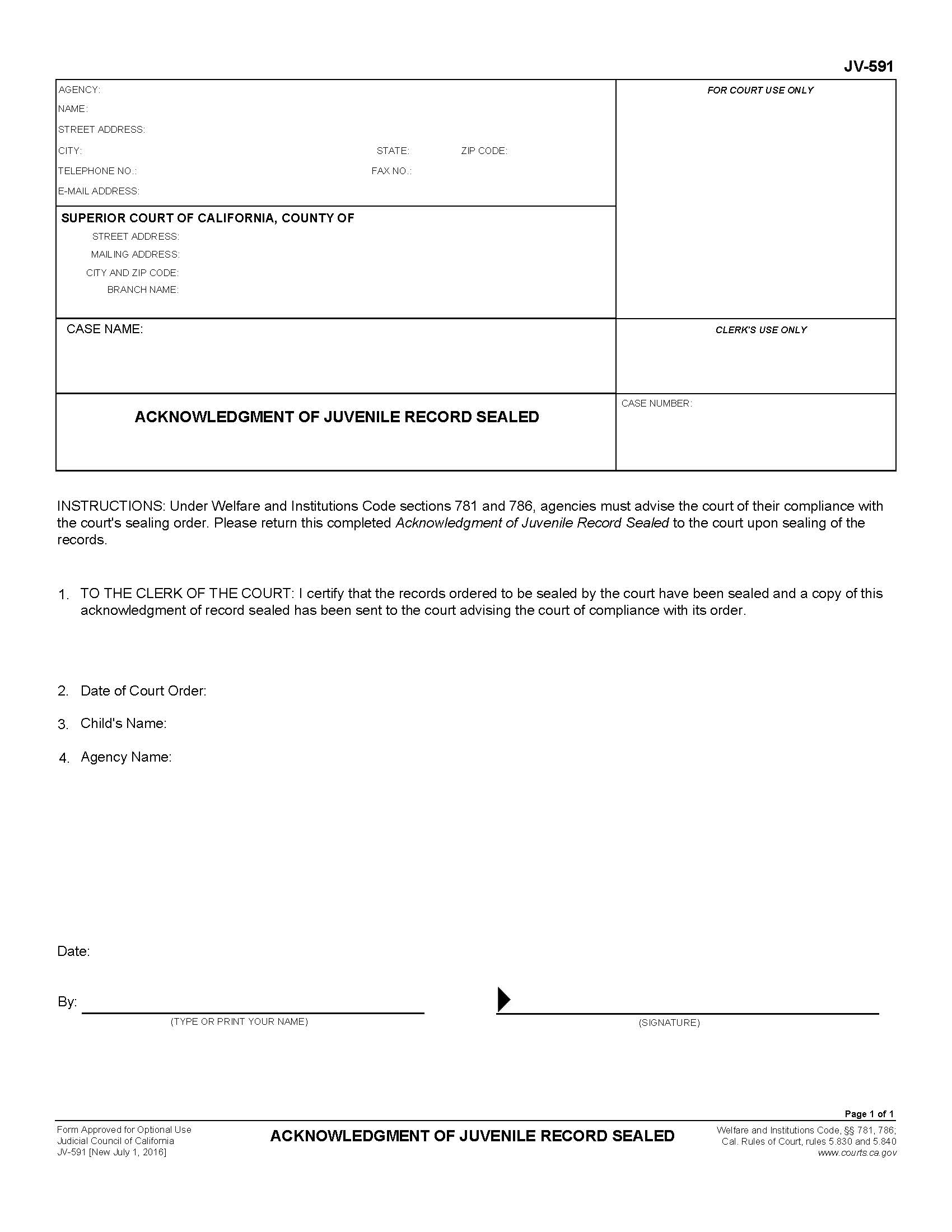 Acknowledgment Of Juvenile Record Sealed {JV-591} | Pdf Fpdf Doc Docx | California