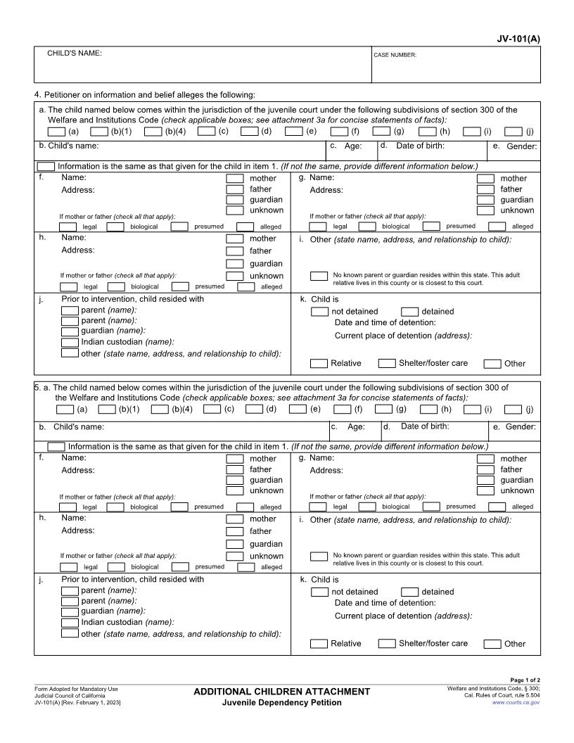 Additional Children Attachment Juvenile Dependency Petition {JV-101(A)} | Pdf Fpdf Doc Docx | California