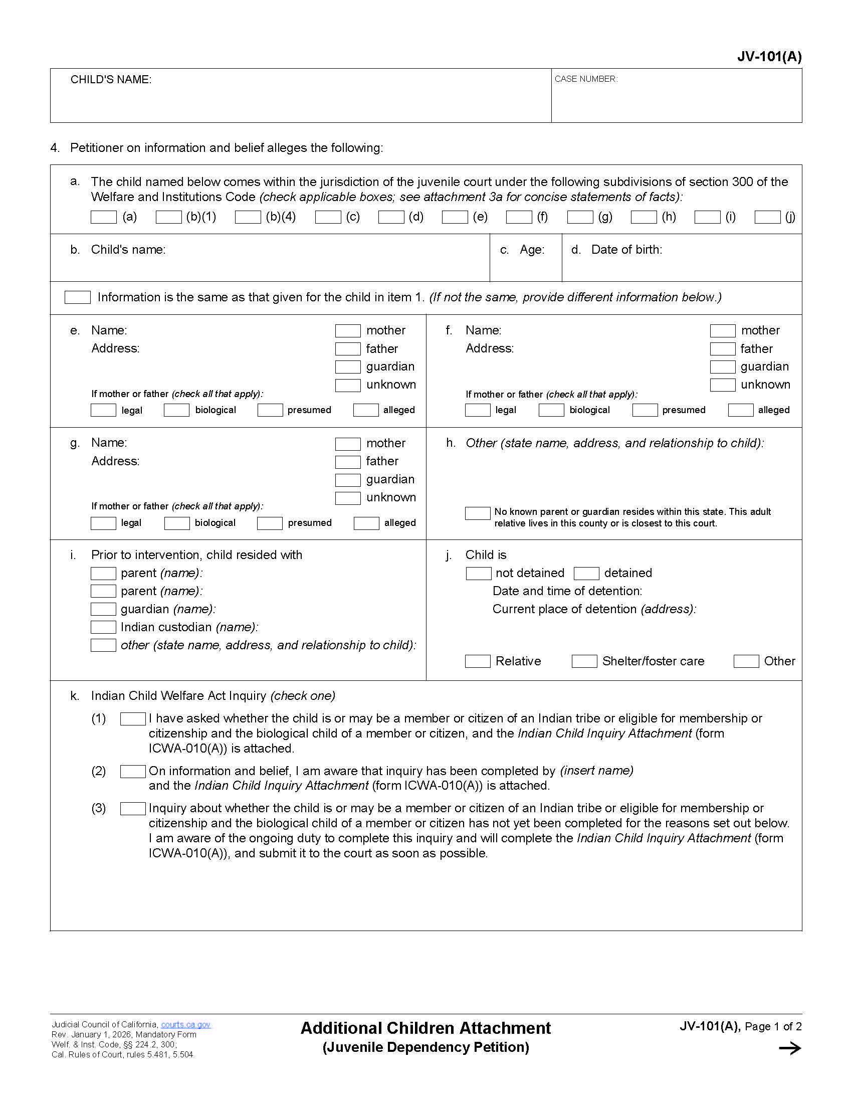Additional Children Attachment Juvenile Dependency Petition {JV-101(A)} | Pdf Fpdf Doc Docx | California