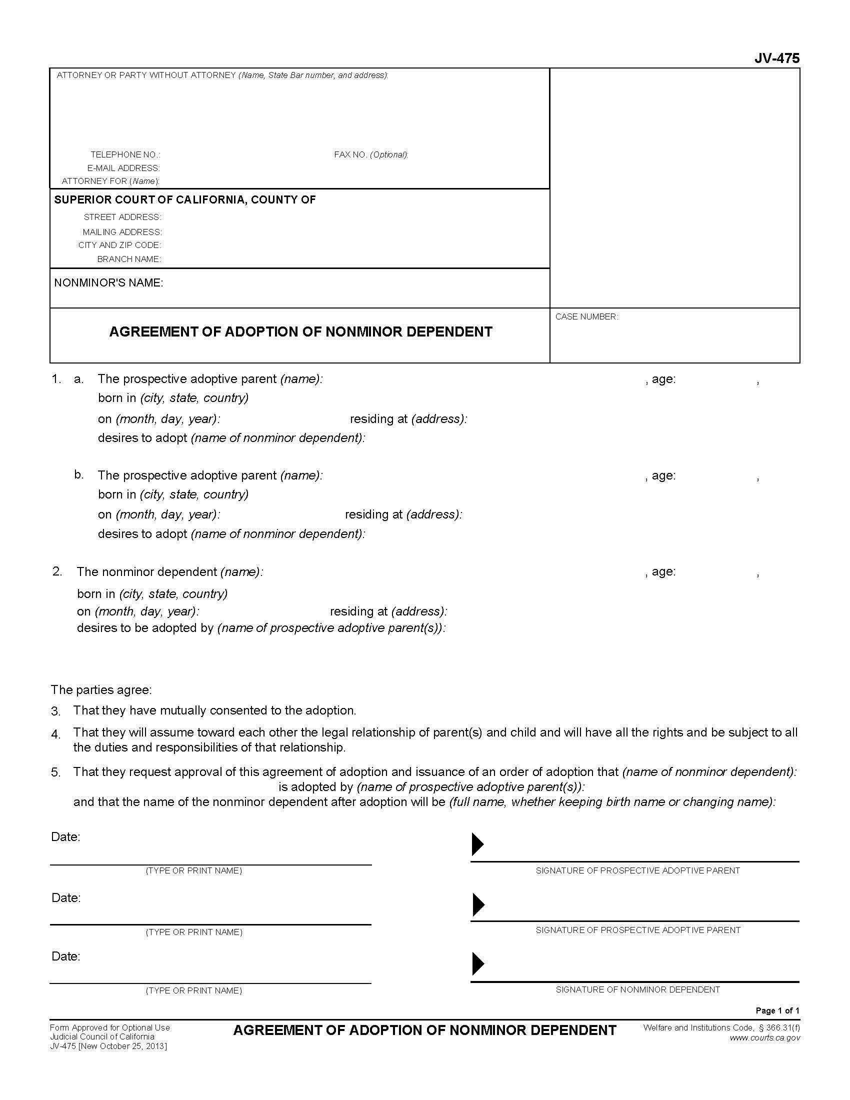 Agreement Of Adoption Of Non Minor Dependant {JV-475} | Pdf Fpdf Doc Docx | California