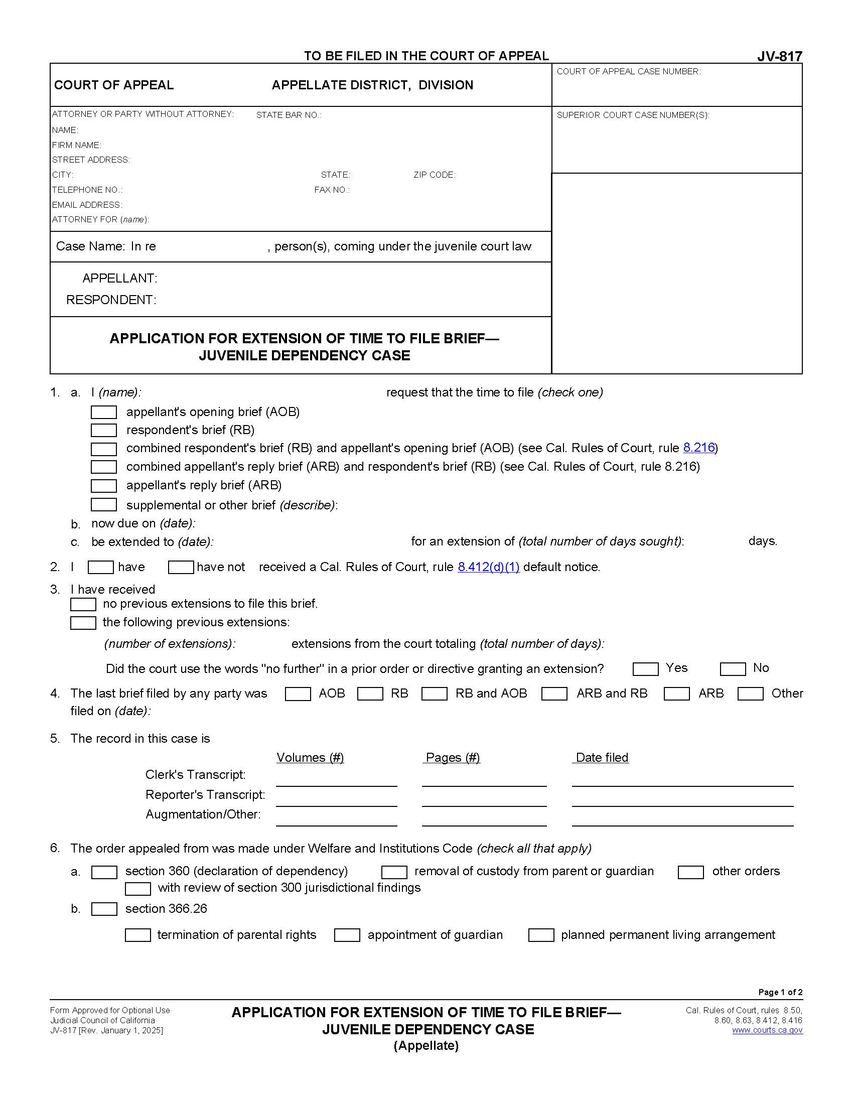 Application For Extension Of Time To File Brief (Juvenile Dependency Case) {JV-817} | Pdf Fpdf Doc Docx | California