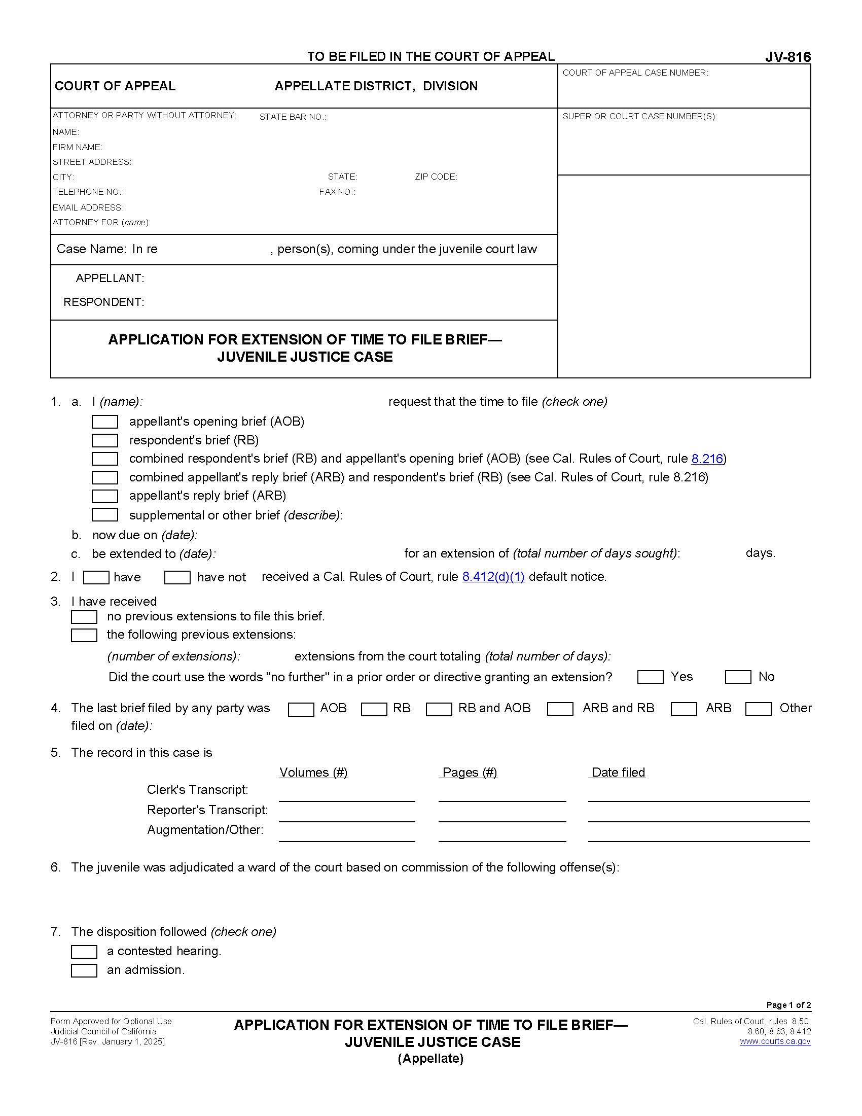 Application For Extension Of Time To File Brief (Juvenile Justice Case) {JV-816} | Pdf Fpdf Doc Docx | California