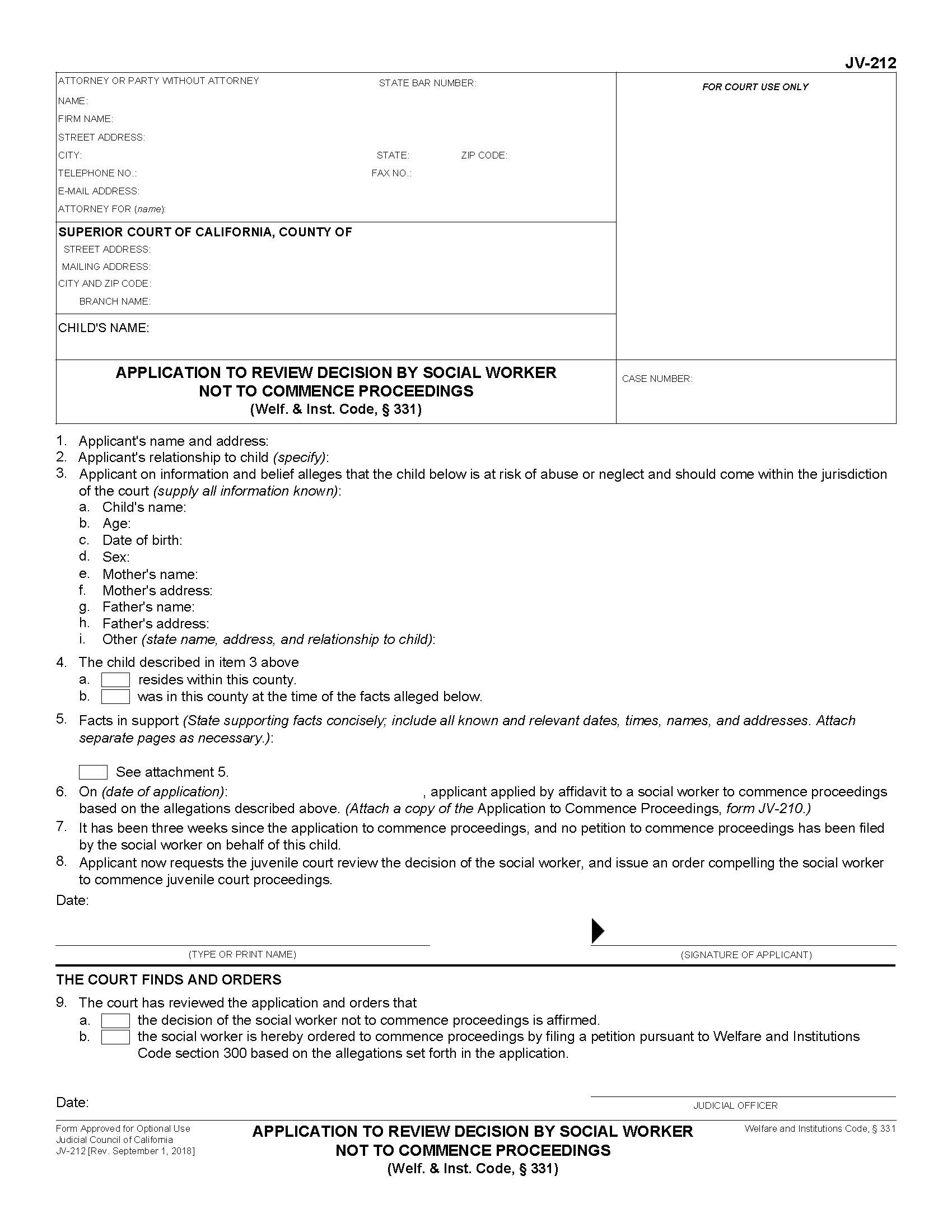 Application To Review Decision By Social Worker Not To Commence Proceedings {JV-212} | Pdf Fpdf Docx | California
