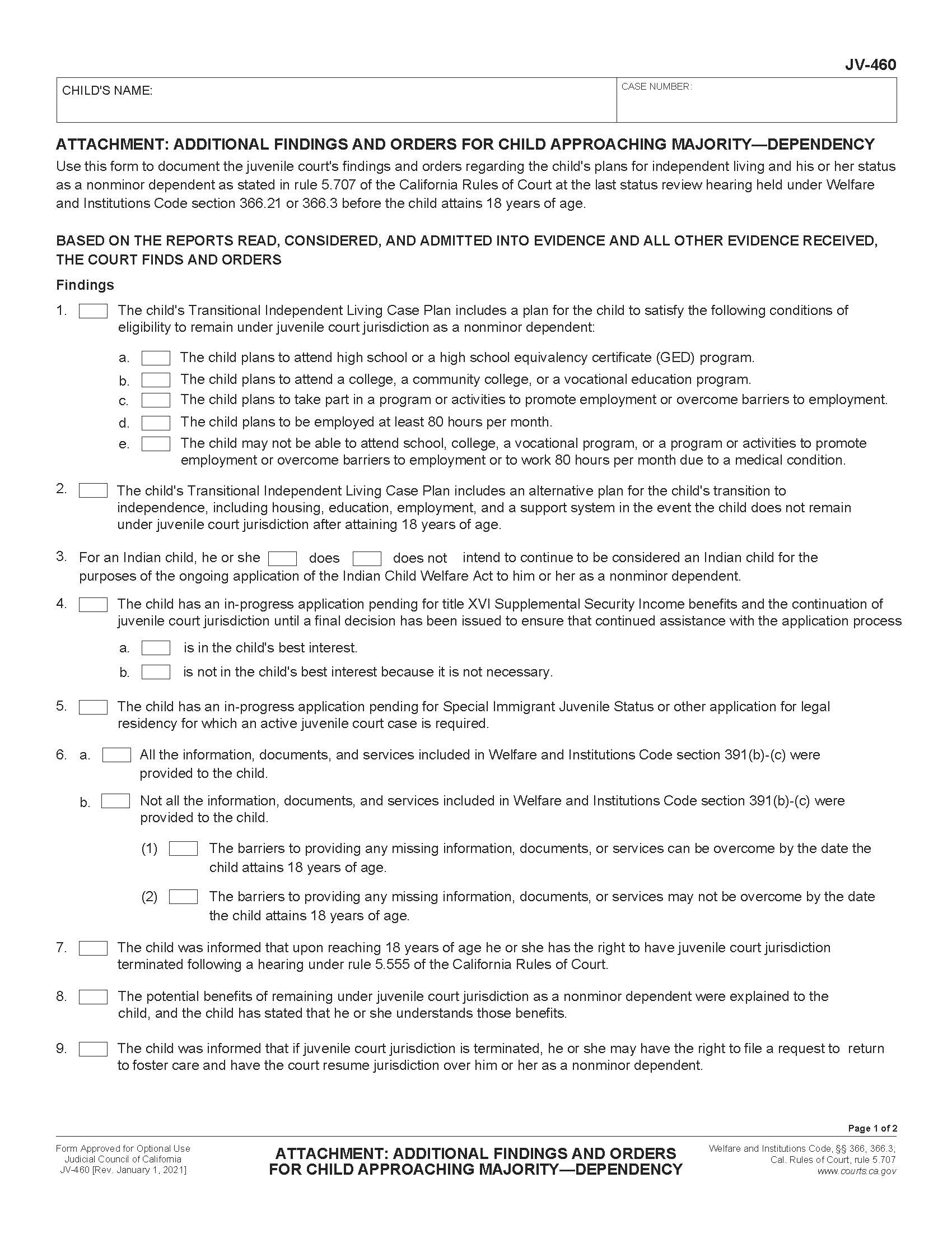 Attachment Additional Findings And Orders For Child Approaching Majority-Dependency {JV-460} | Pdf Fpdf Doc Docx | California